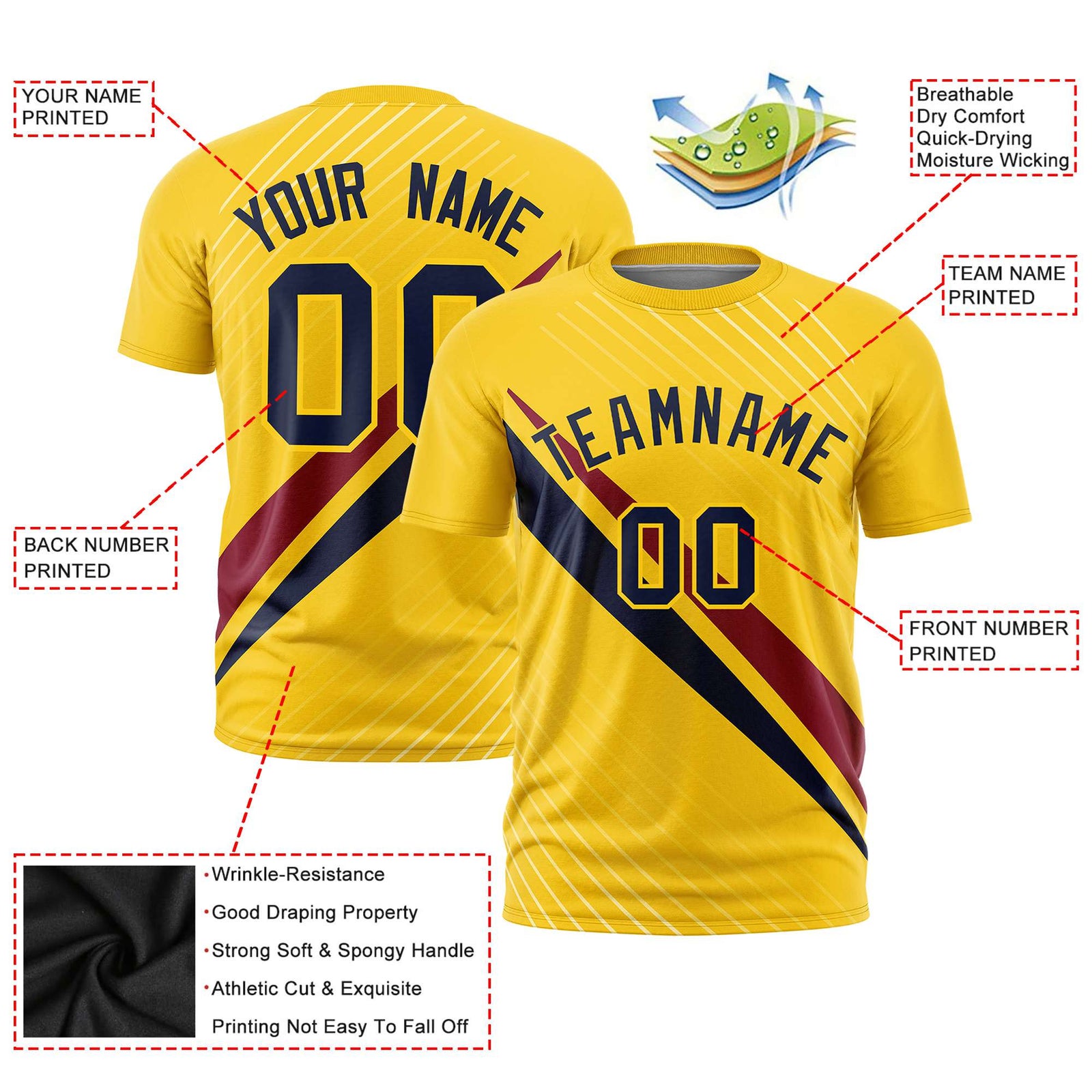 Custom Gold 01-Crimson Navy Personalized Slash Pattern Performance T-Shirt