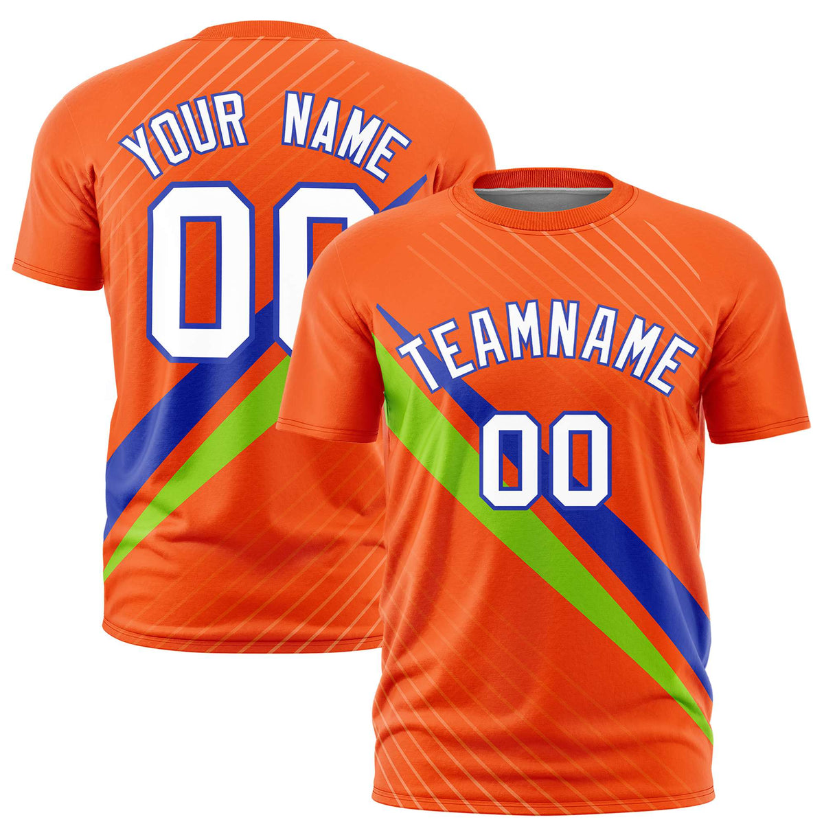 Custom Orange Royal Blue-Neon Green Personalized Slash Pattern Performance T-Shirt