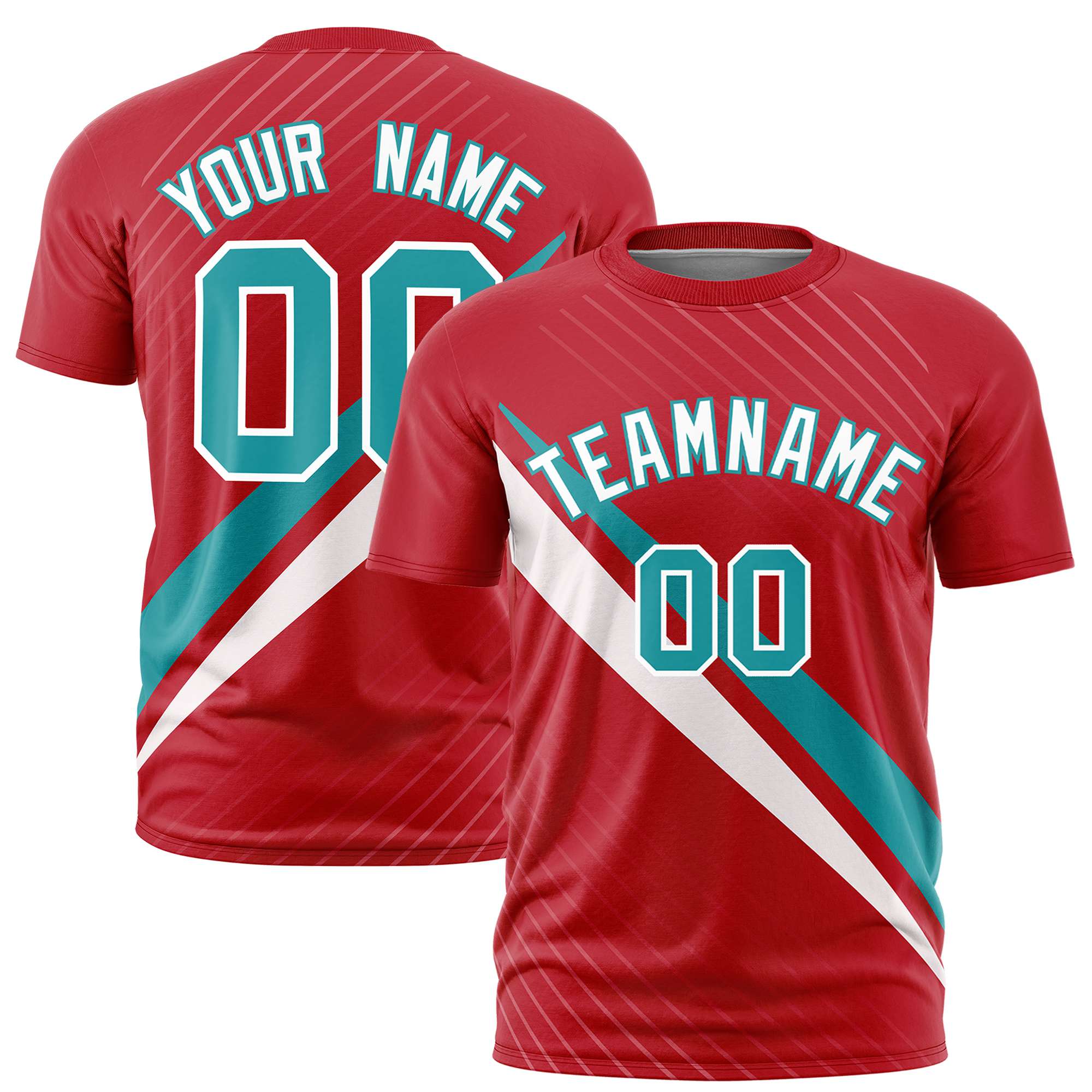 Custom Red Aqua-White Personalized Slash Pattern Performance T-Shirt