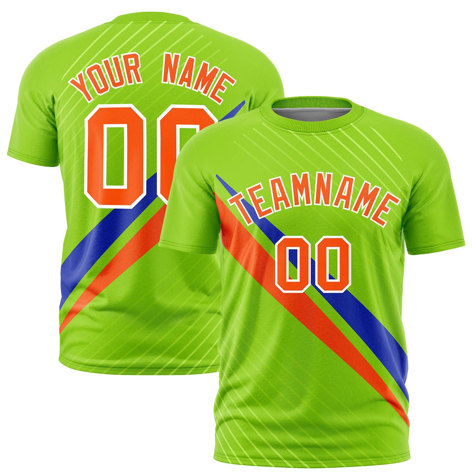 Custom Neon Green-Royal Blue Orange Personalized Slash Pattern Performance T-Shirt