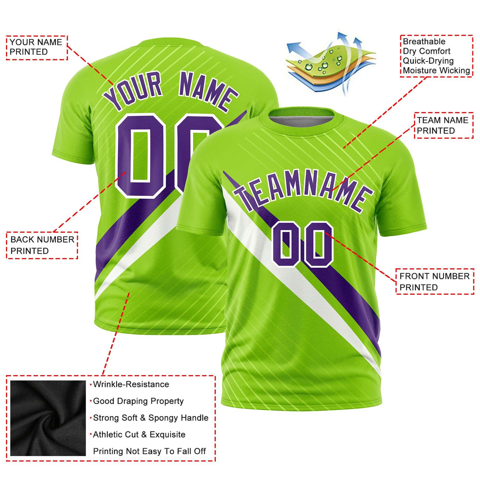 Custom Neon Green-Purple White Personalized Slash Pattern Performance T-Shirt