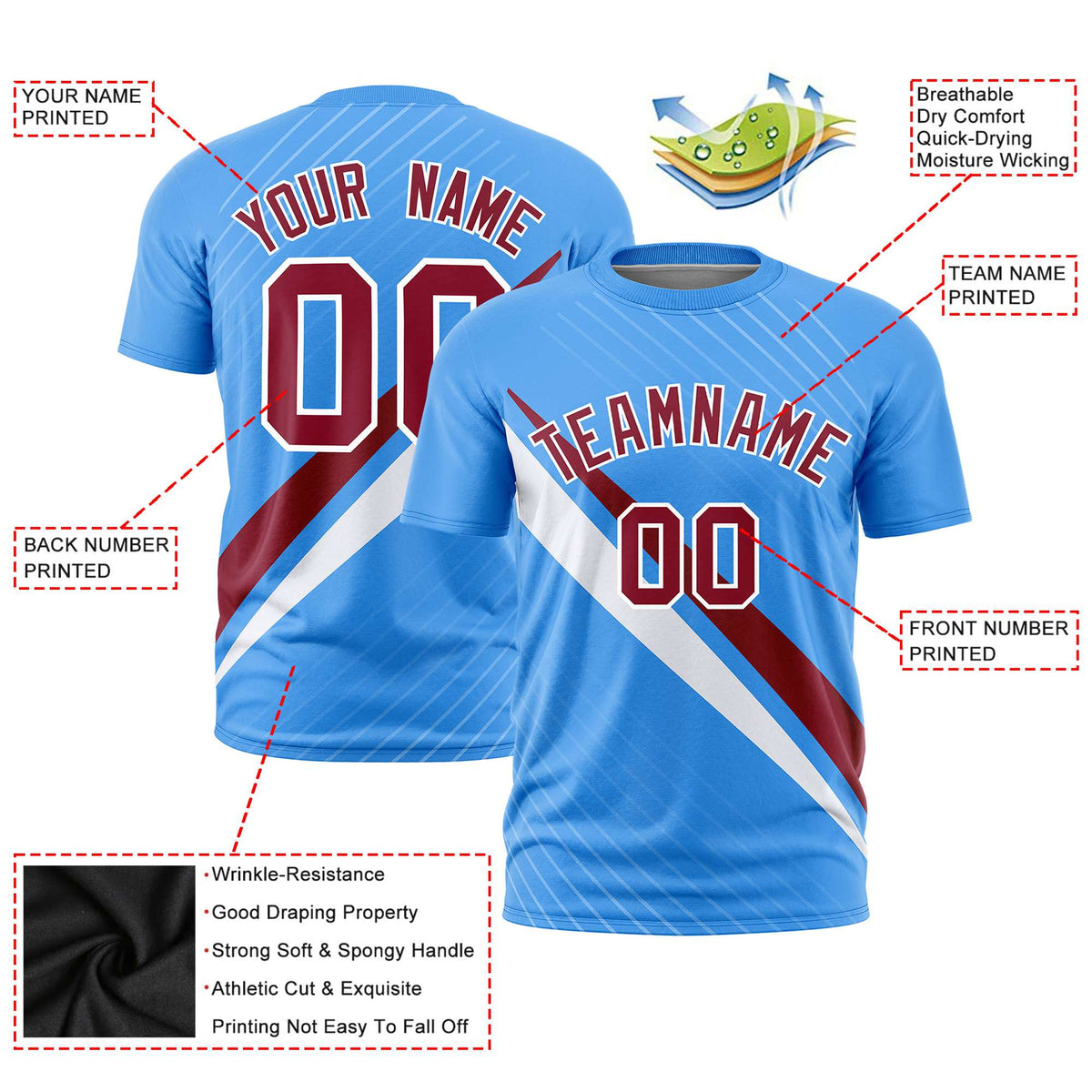 Custom Powder Blue-Crimson White Personalized Slash Pattern Performance T-Shirt