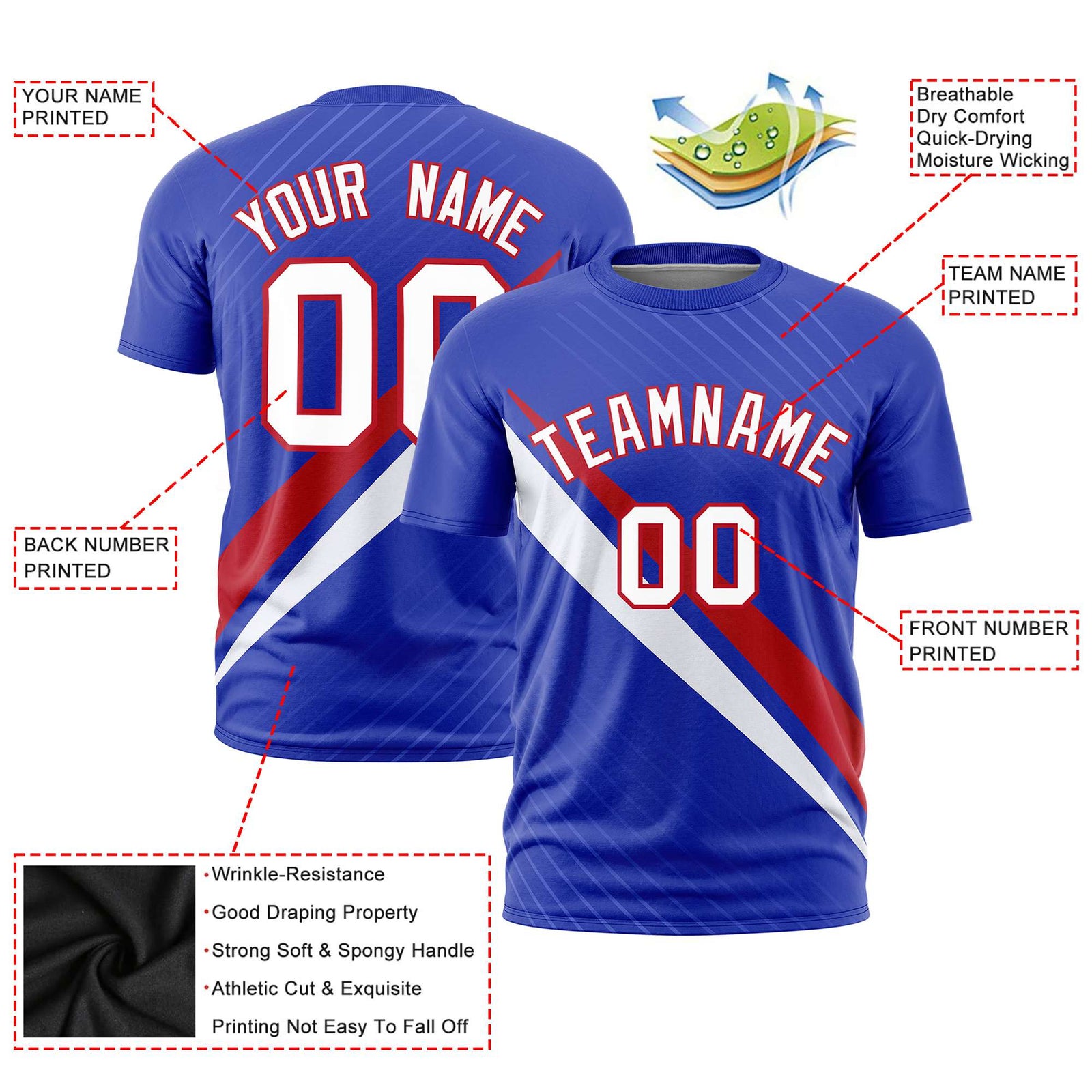 Custom Royal Blue-Red White Personalized Slash Pattern Performance T-Shirt