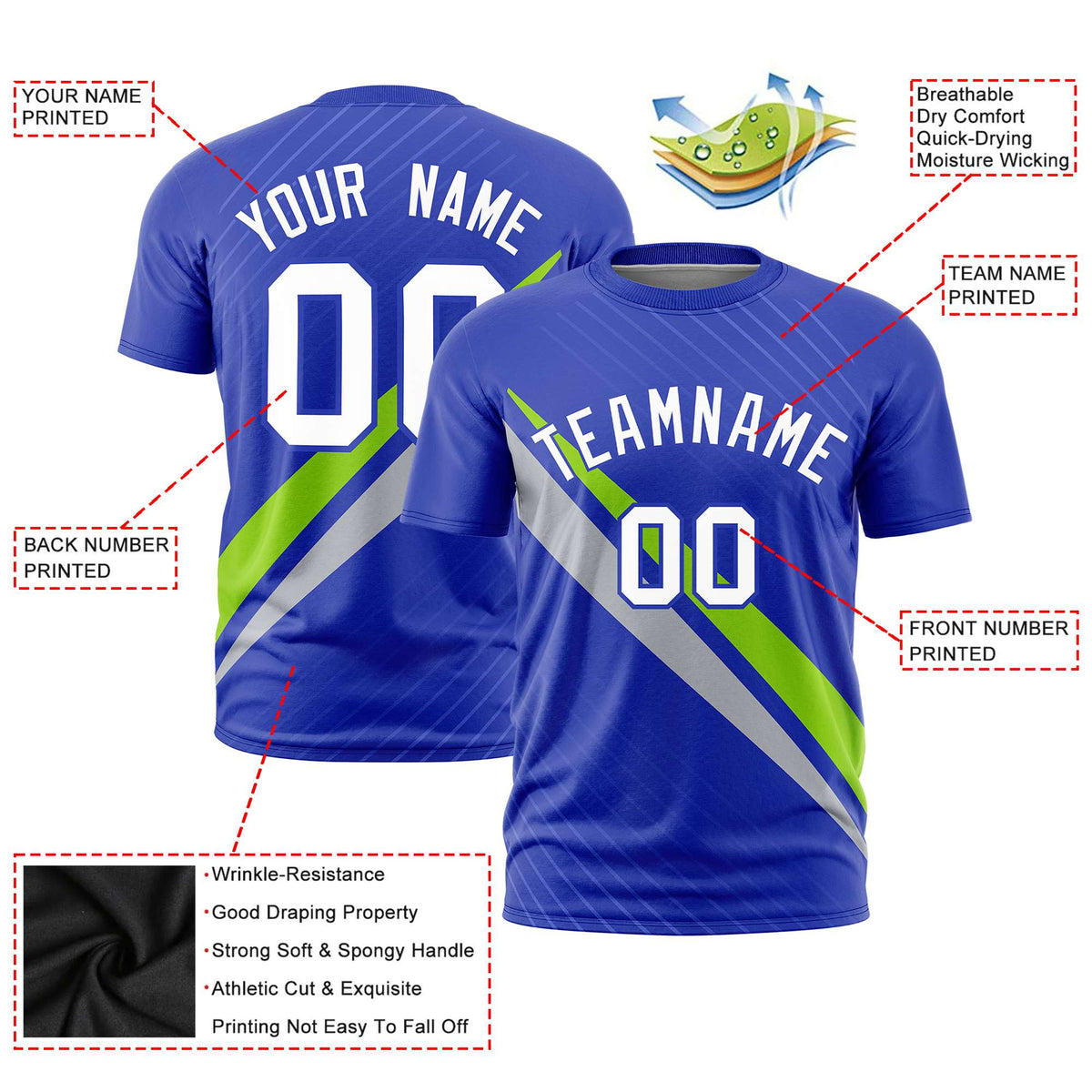 Custom Royal Blue-Neon Green Gray Personalized Slash Pattern Performance T-Shirt