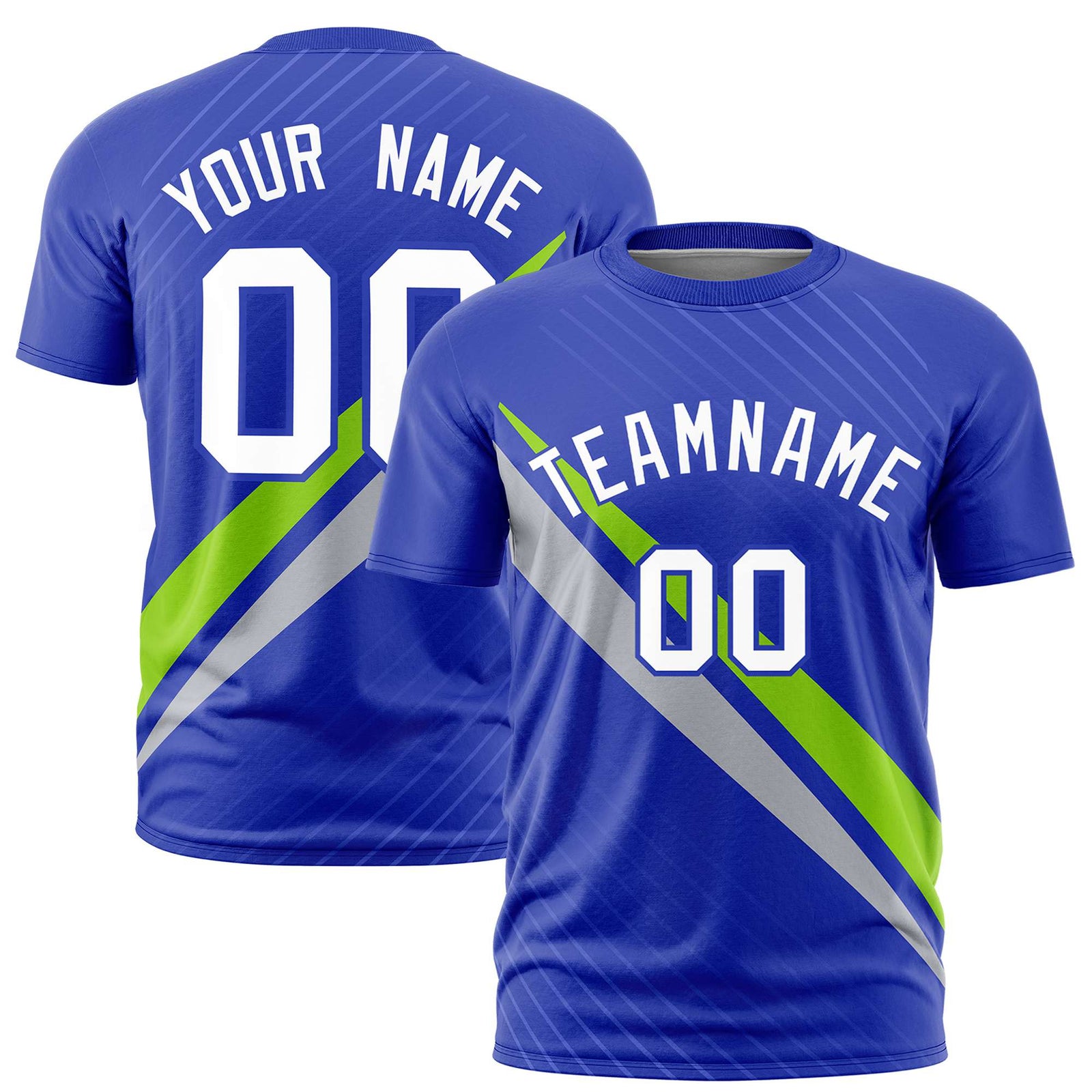 Custom Royal Blue-Neon Green Gray Personalized Slash Pattern Performance T-Shirt