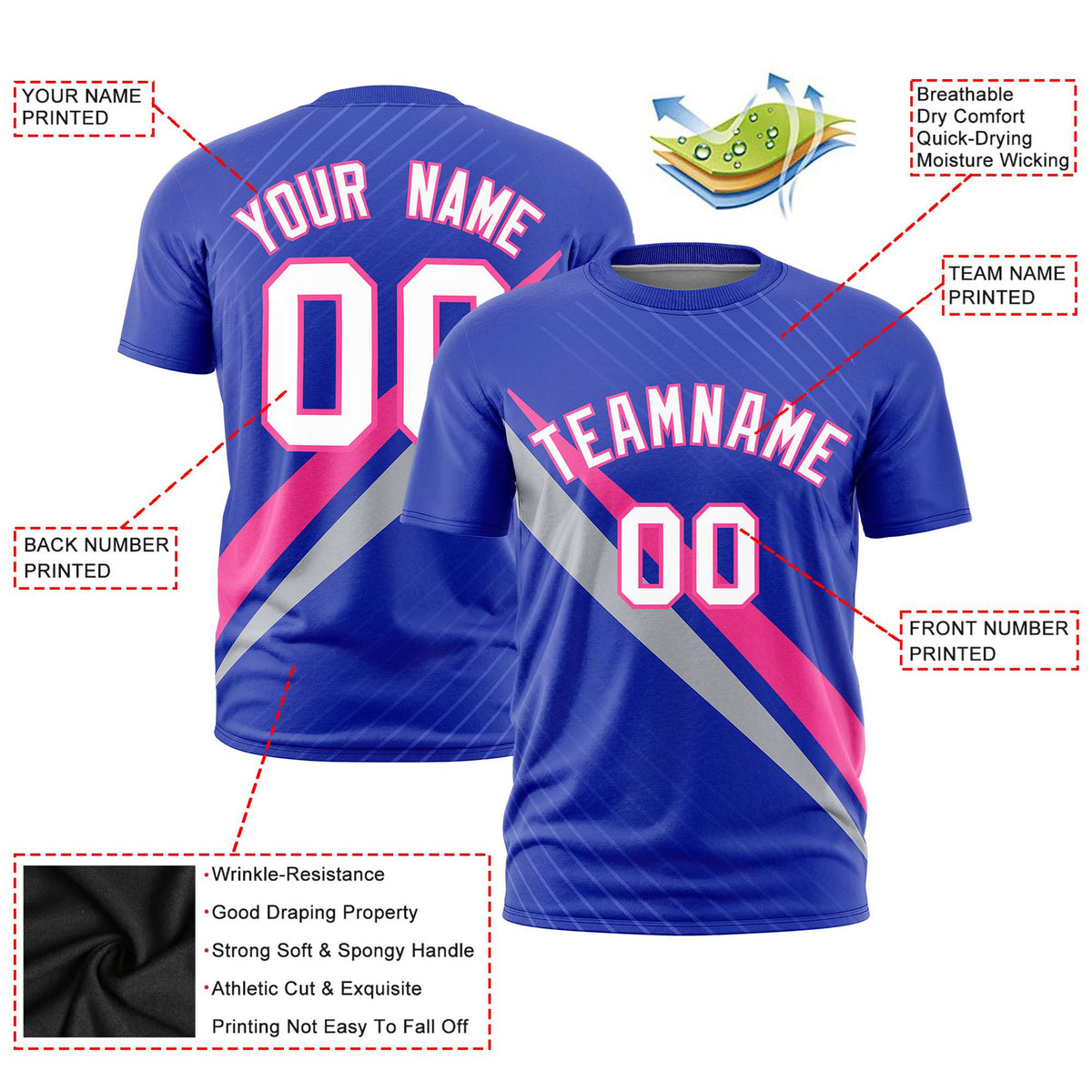 Custom Royal Blue-Pink Gray Personalized Slash Pattern Performance T-Shirt