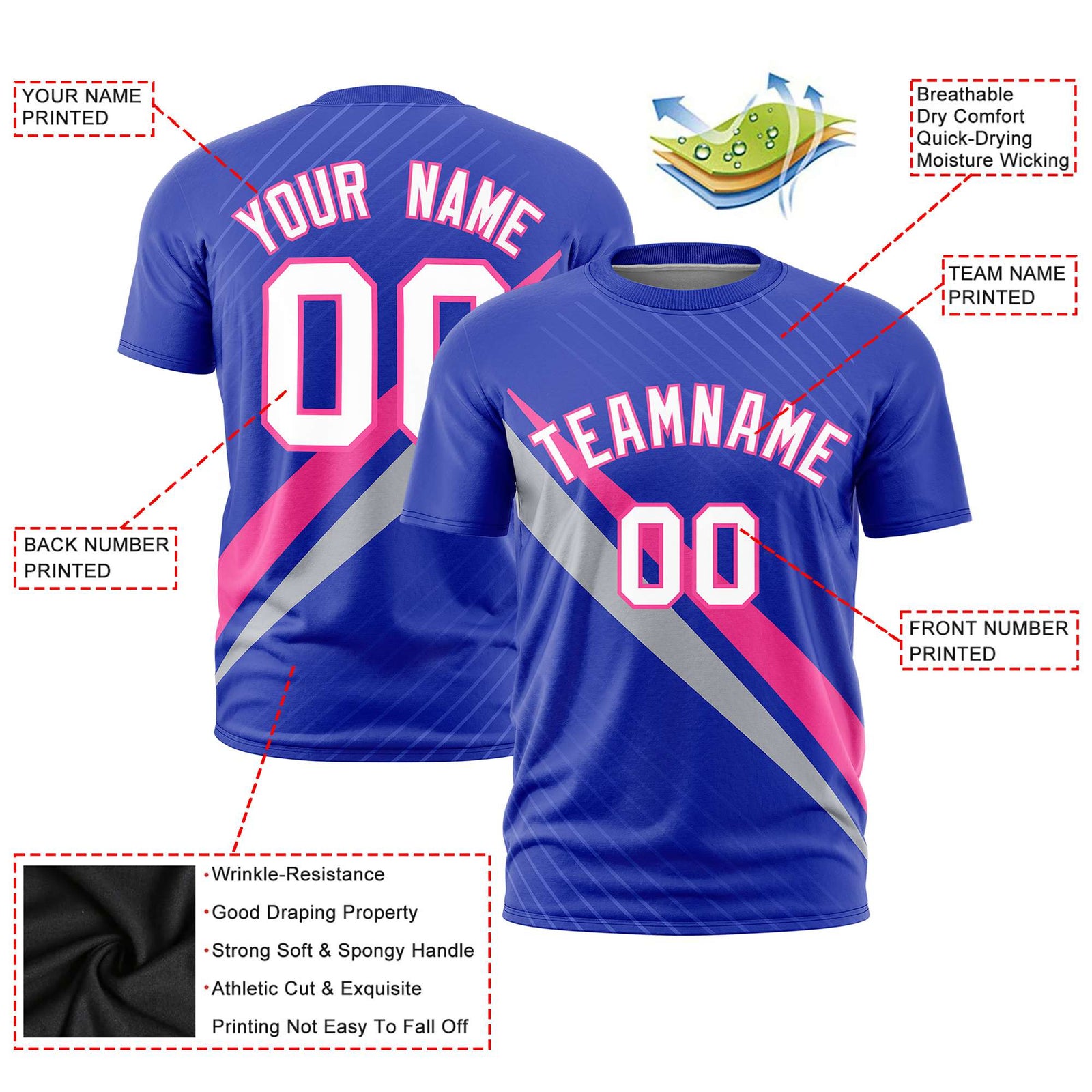 Custom Royal Blue-Pink Gray Personalized Slash Pattern Performance T-Shirt