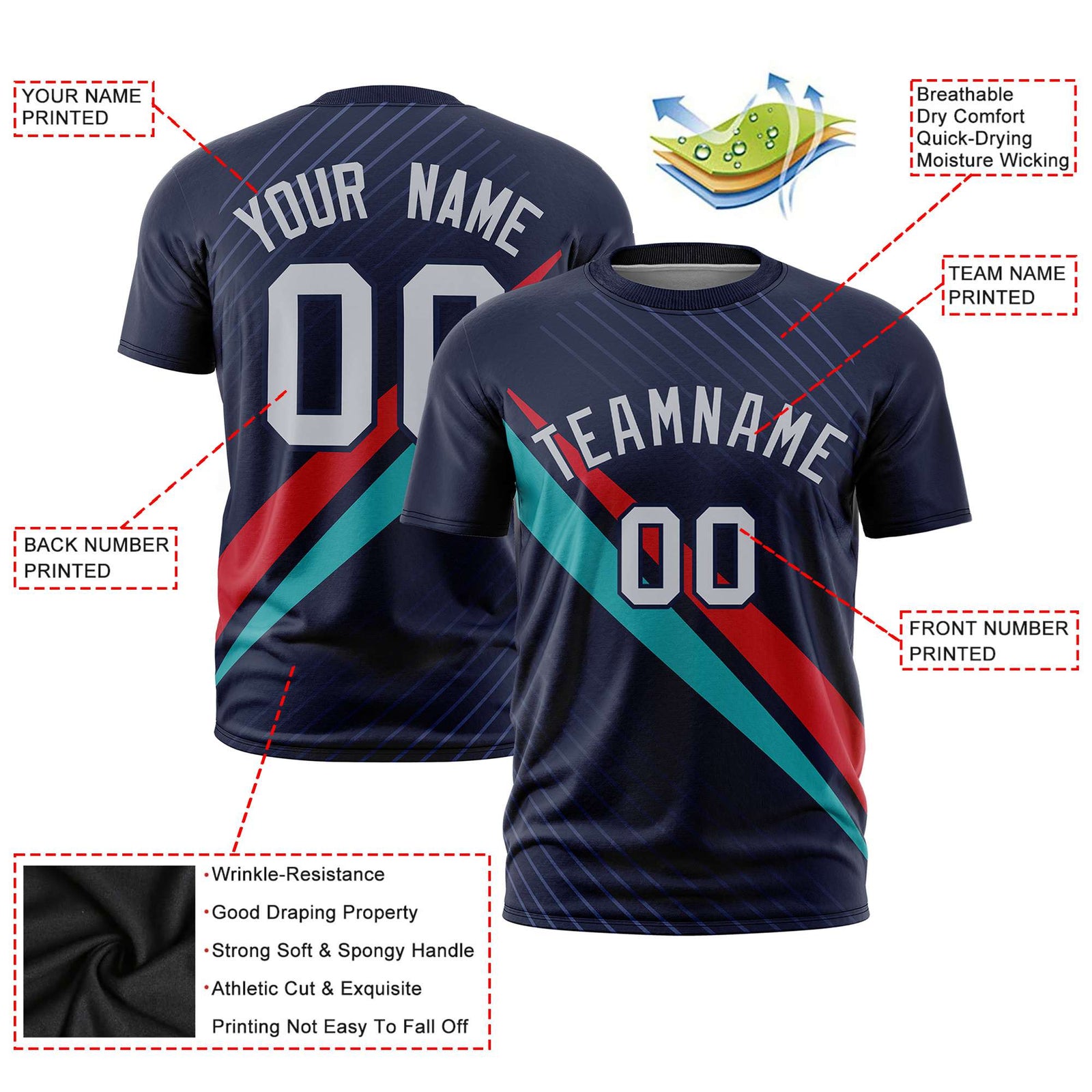 Custom Navy Red-Aqua Personalized Slash Pattern Performance T-Shirt