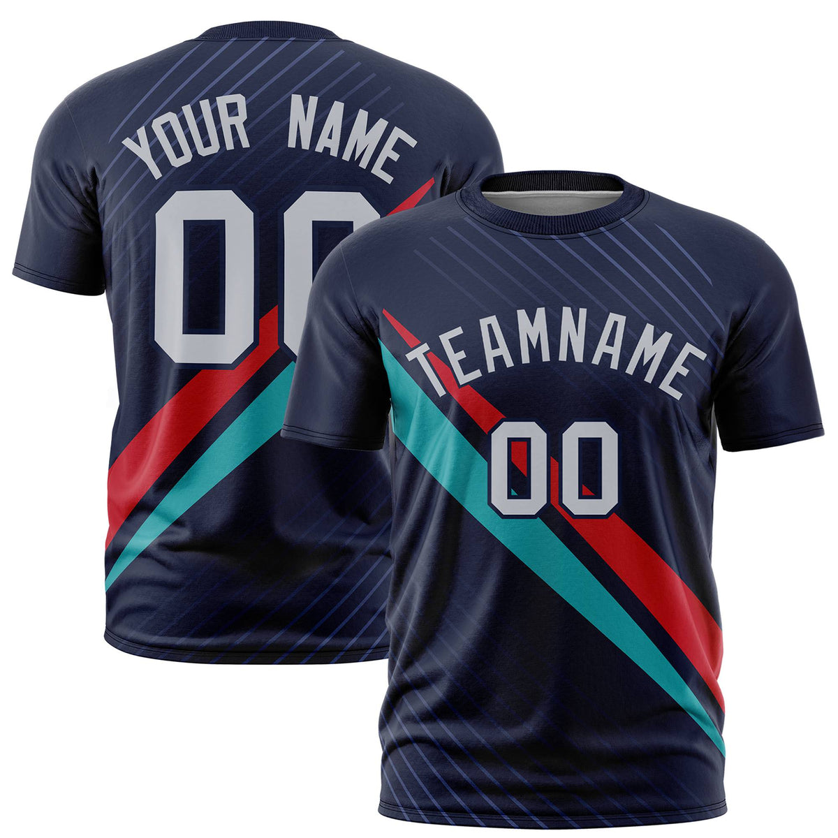 Custom Navy Red-Aqua Personalized Slash Pattern Performance T-Shirt