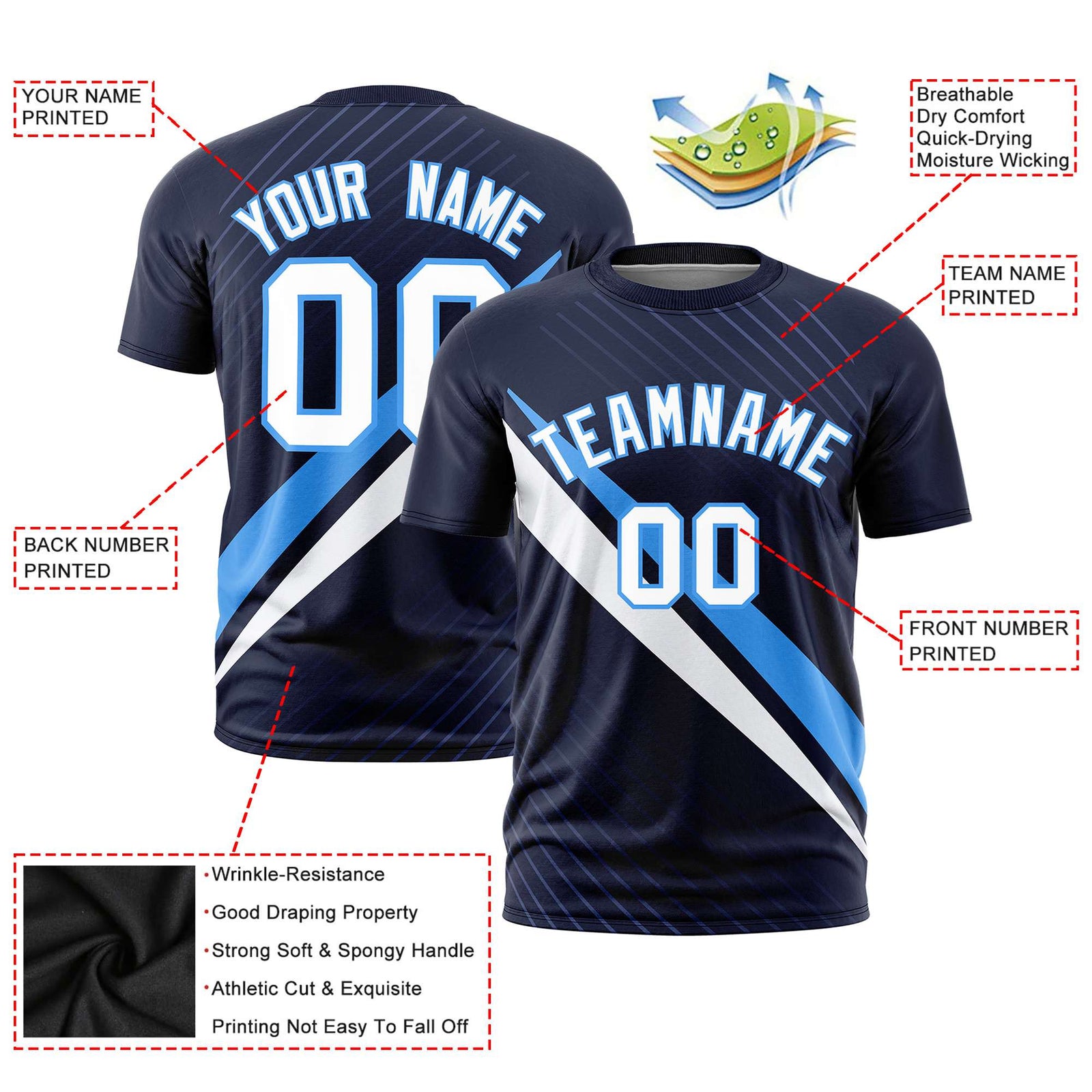 Custom Navy Powder Blue-White Personalized Slash Pattern Performance T-Shirt
