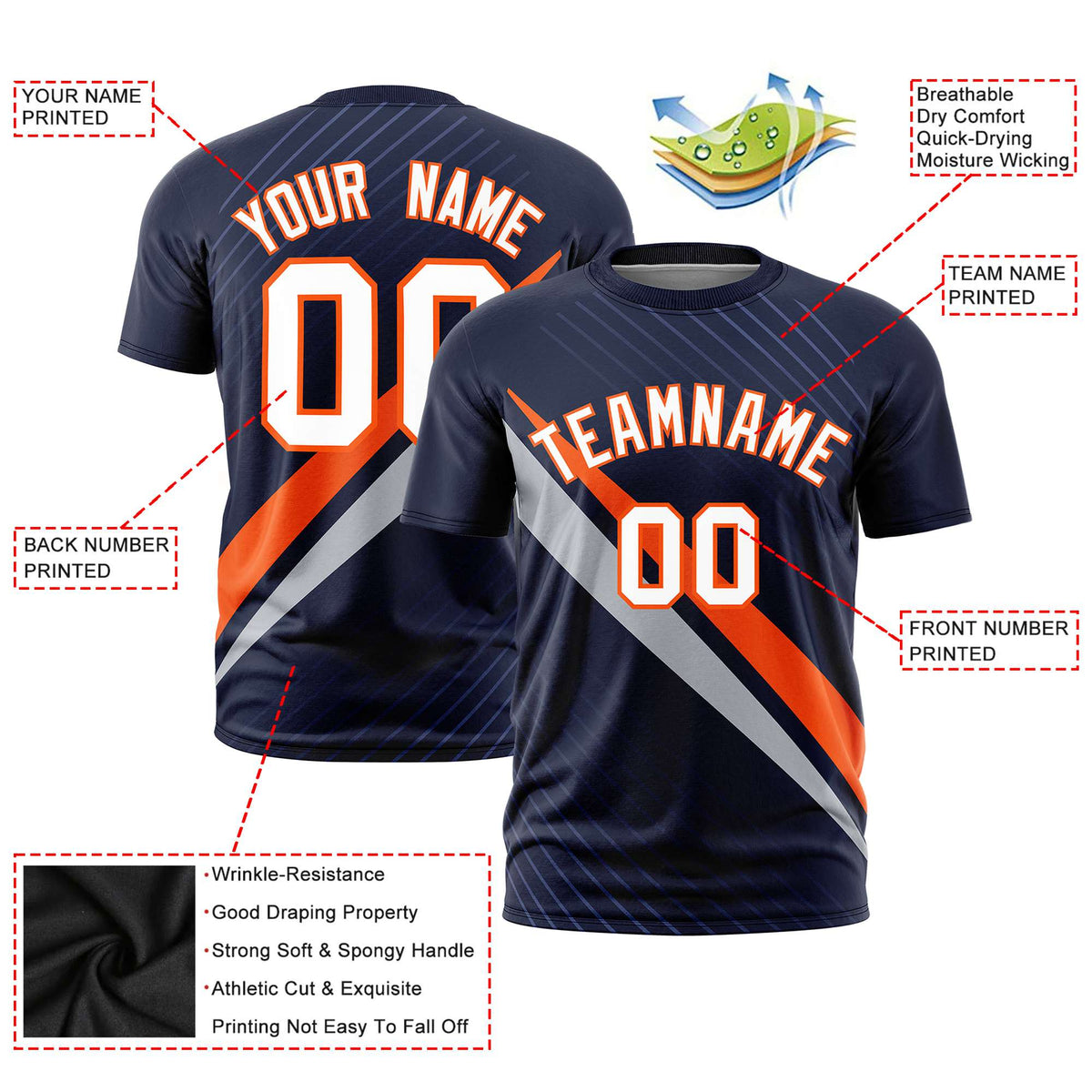 Custom Navy Orange-Gray Personalized Slash Pattern Performance T-Shirt