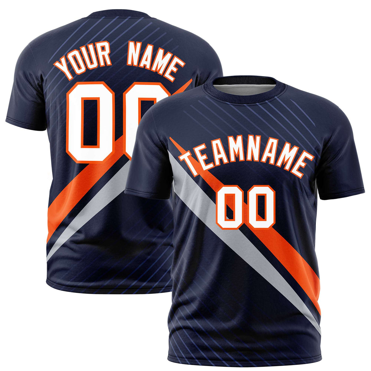 Custom Navy Orange-Gray Personalized Slash Pattern Performance T-Shirt