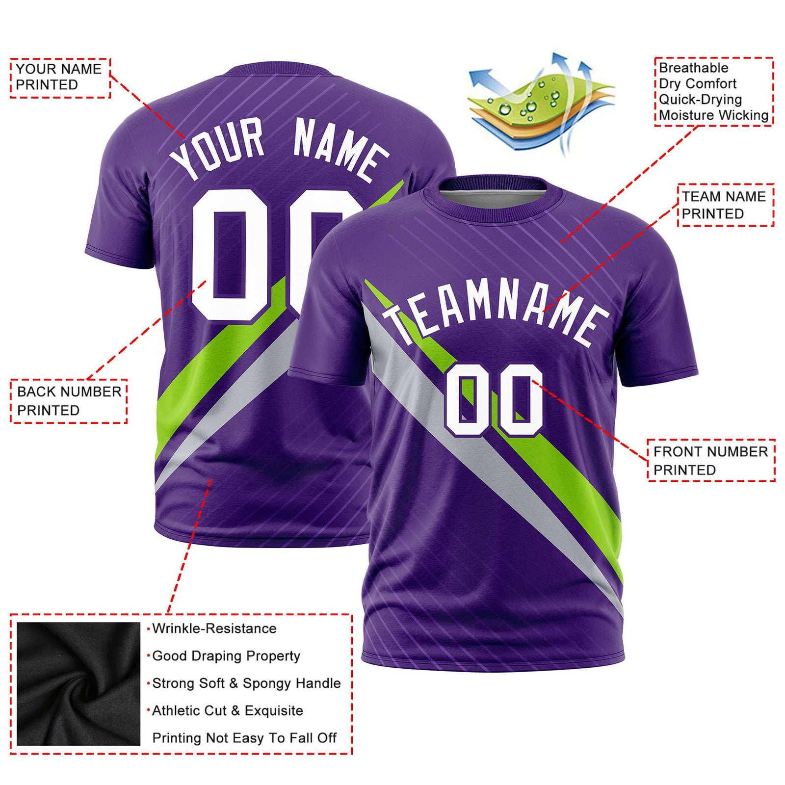 Custom Purple Neon Green-Gray Personalized Slash Pattern Performance T-Shirt