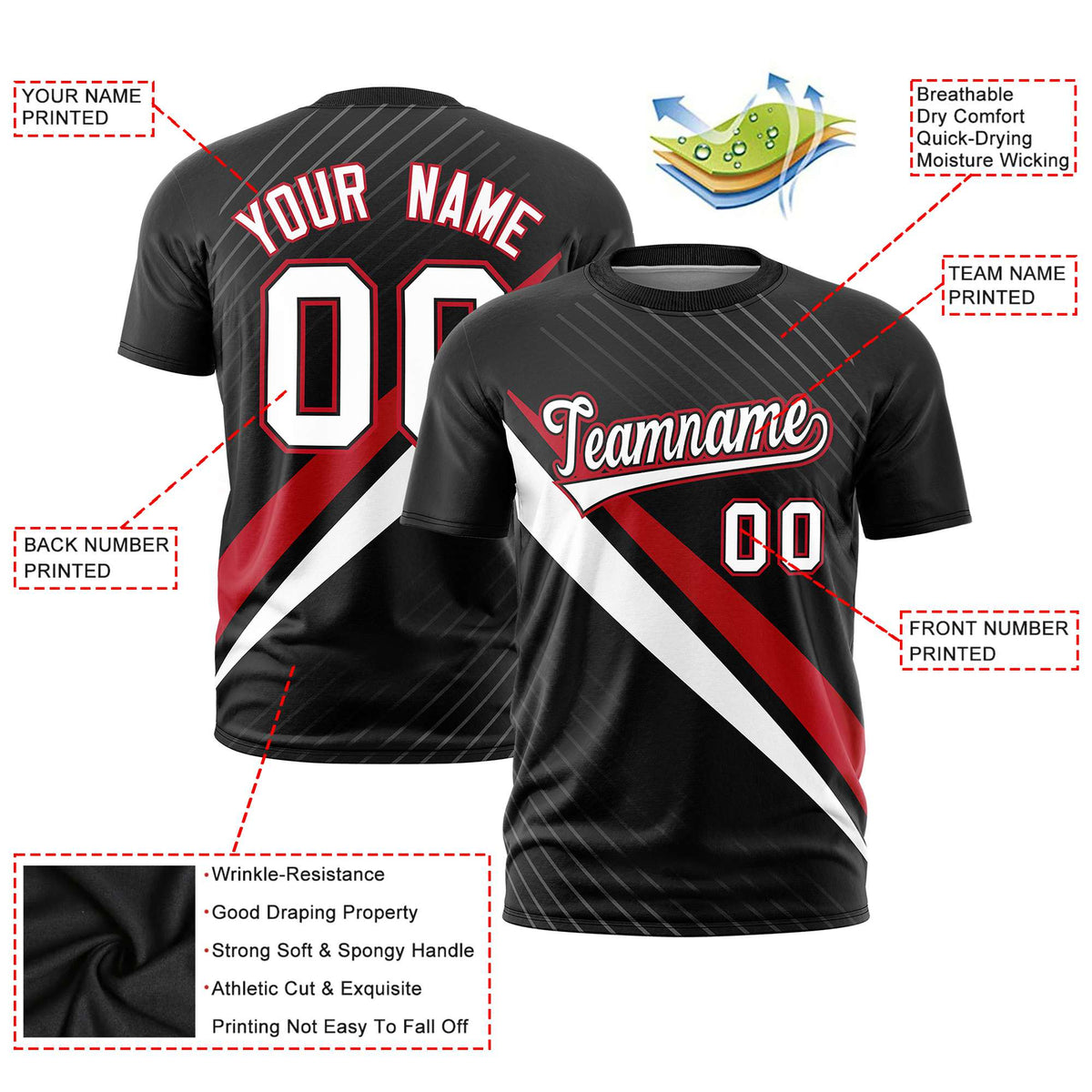 Custom Black Red-White Personalized Slash Pattern Performance T-Shirt