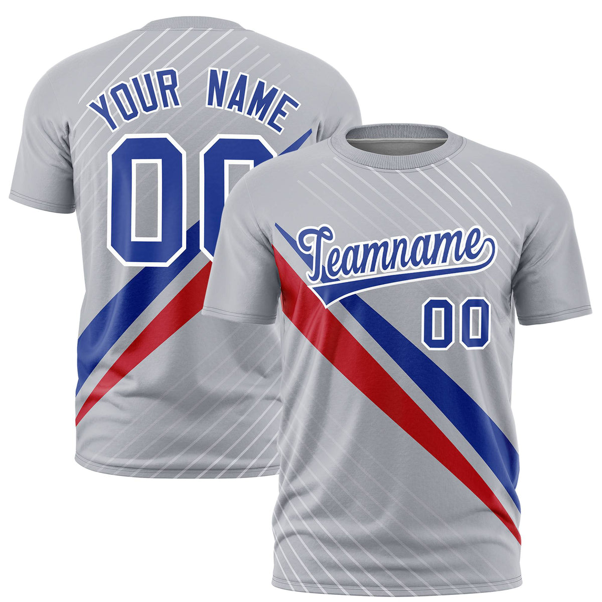 Custom Gray Royal Blue-Red Personalized Slash Pattern Performance T-Shirt