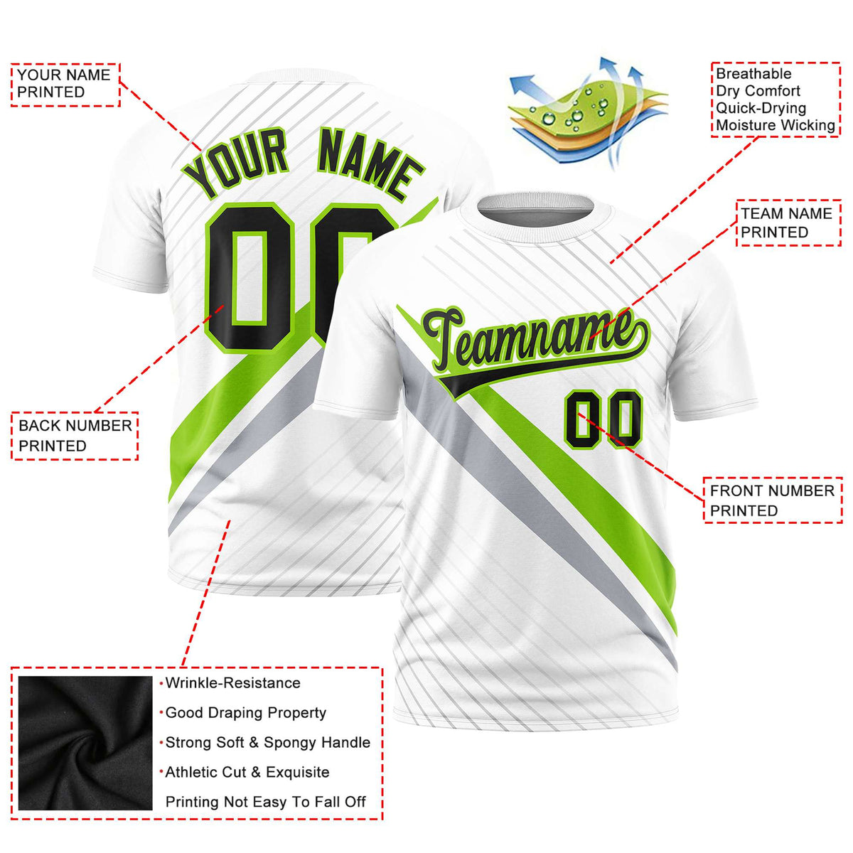 Custom White Neon Green-Gray Personalized Slash Pattern Performance T-Shirt
