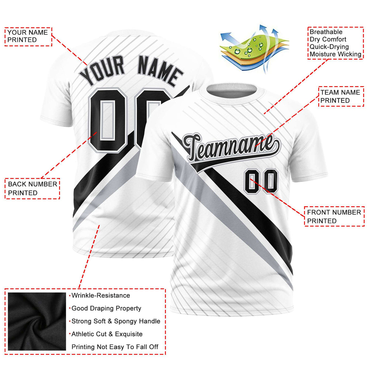 Custom White Black-Gray Personalized Slash Pattern Performance T-Shirt