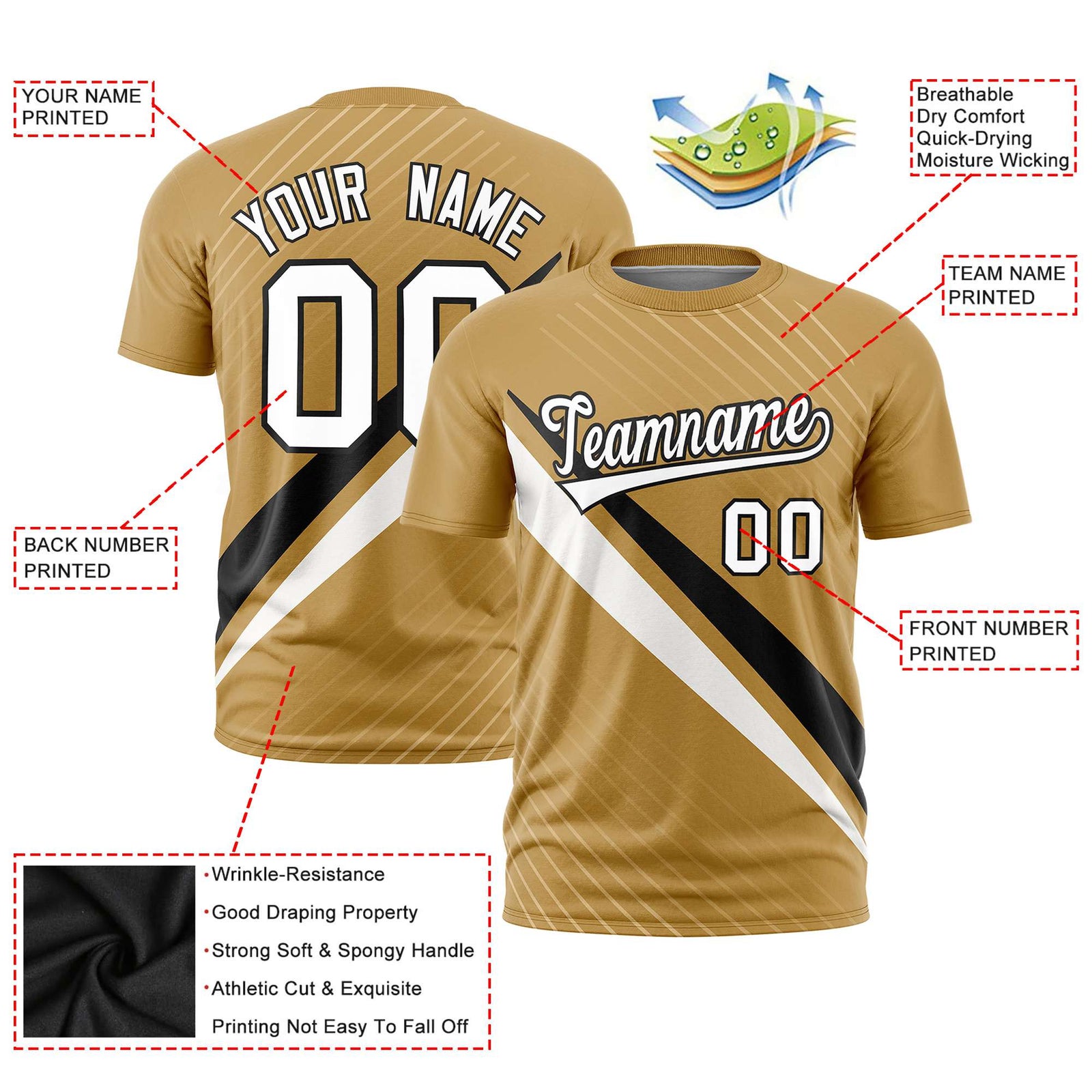 Custom Gold Black-White Personalized Slash Pattern Performance T-Shirt