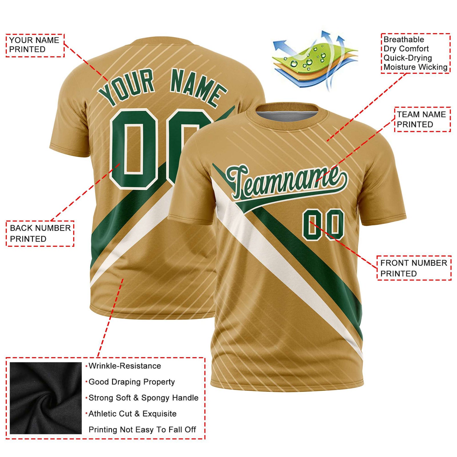 Custom Gold Green-Khaki Personalized Slash Pattern Performance T-Shirt