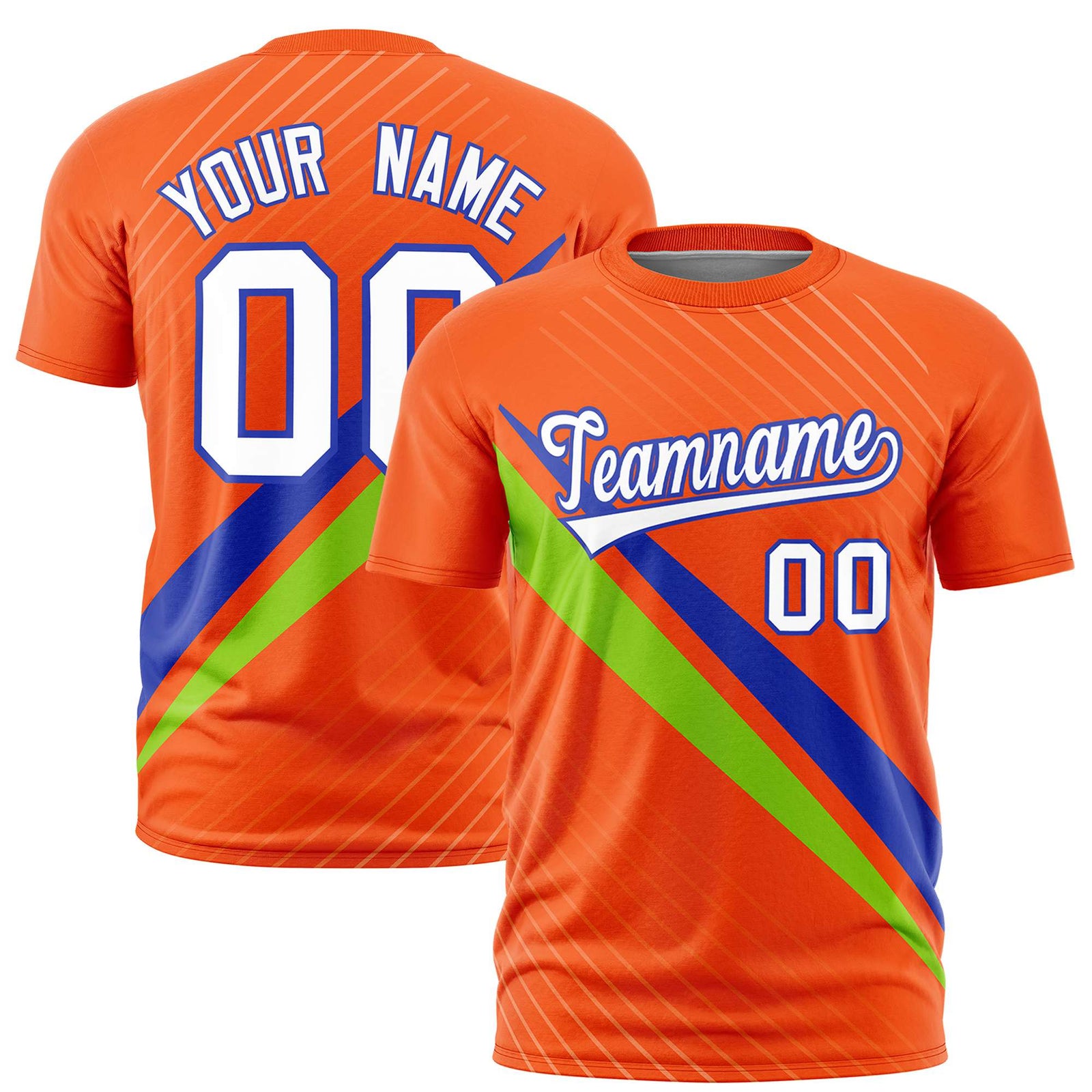 Custom Orange Royal Blue-Neon Green Personalized Slash Pattern Performance T-Shirt