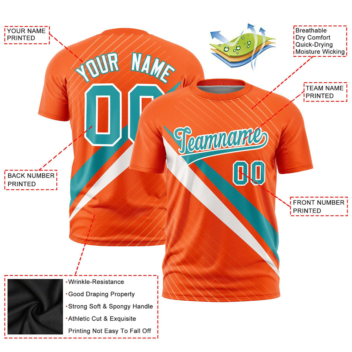 Custom Orange Aqua-White Personalized Slash Pattern Performance T-Shirt