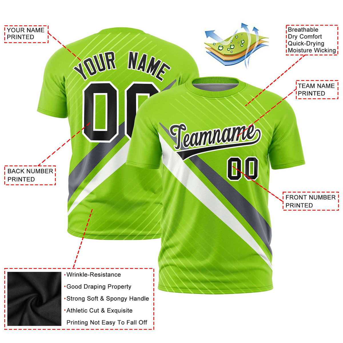 Custom Neon Green-Dark Gray White Personalized Slash Pattern Performance T-Shirt