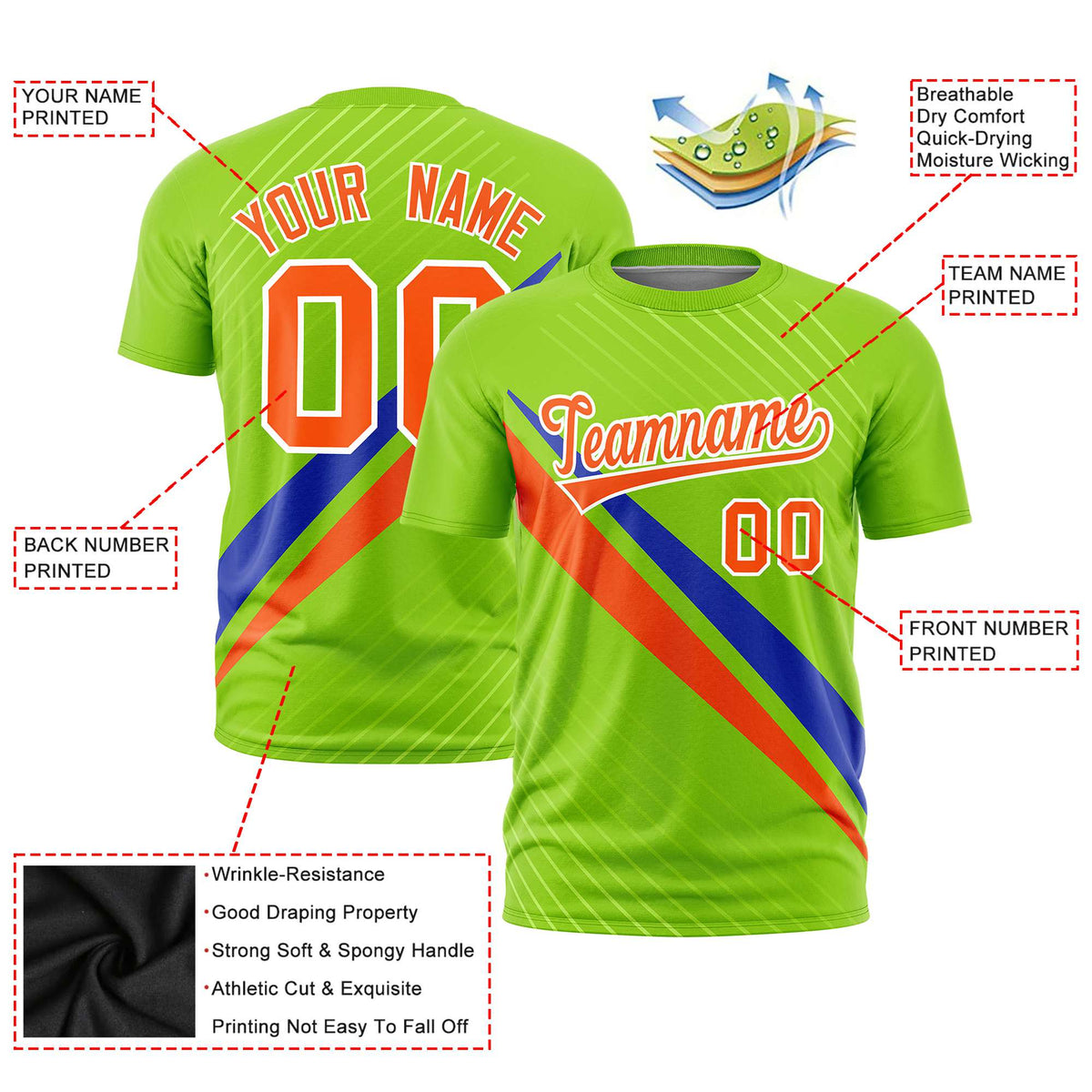 Custom Neon Green-Royal Blue Orange Personalized Slash Pattern Performance T-Shirt
