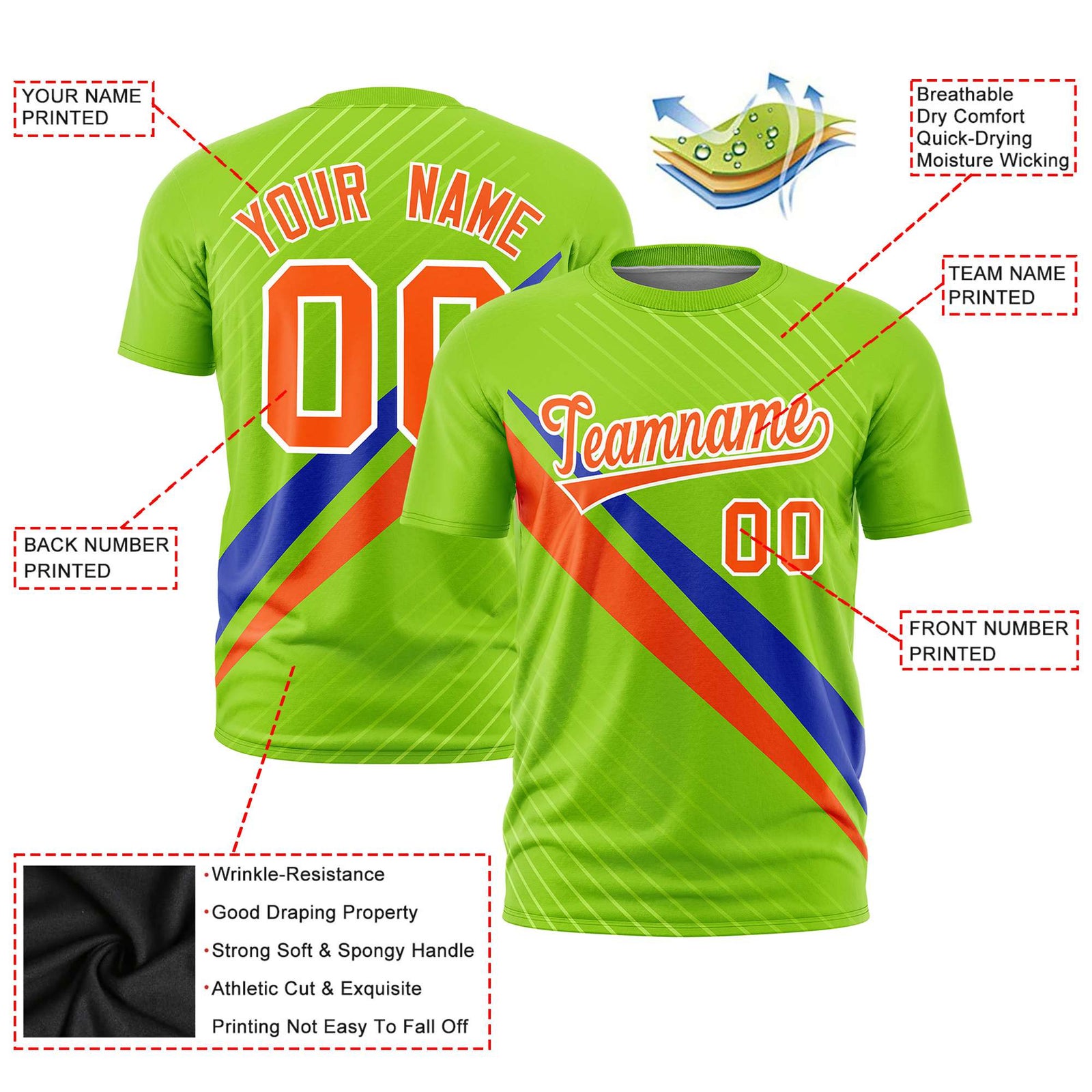 Custom Neon Green-Royal Blue Orange Personalized Slash Pattern Performance T-Shirt
