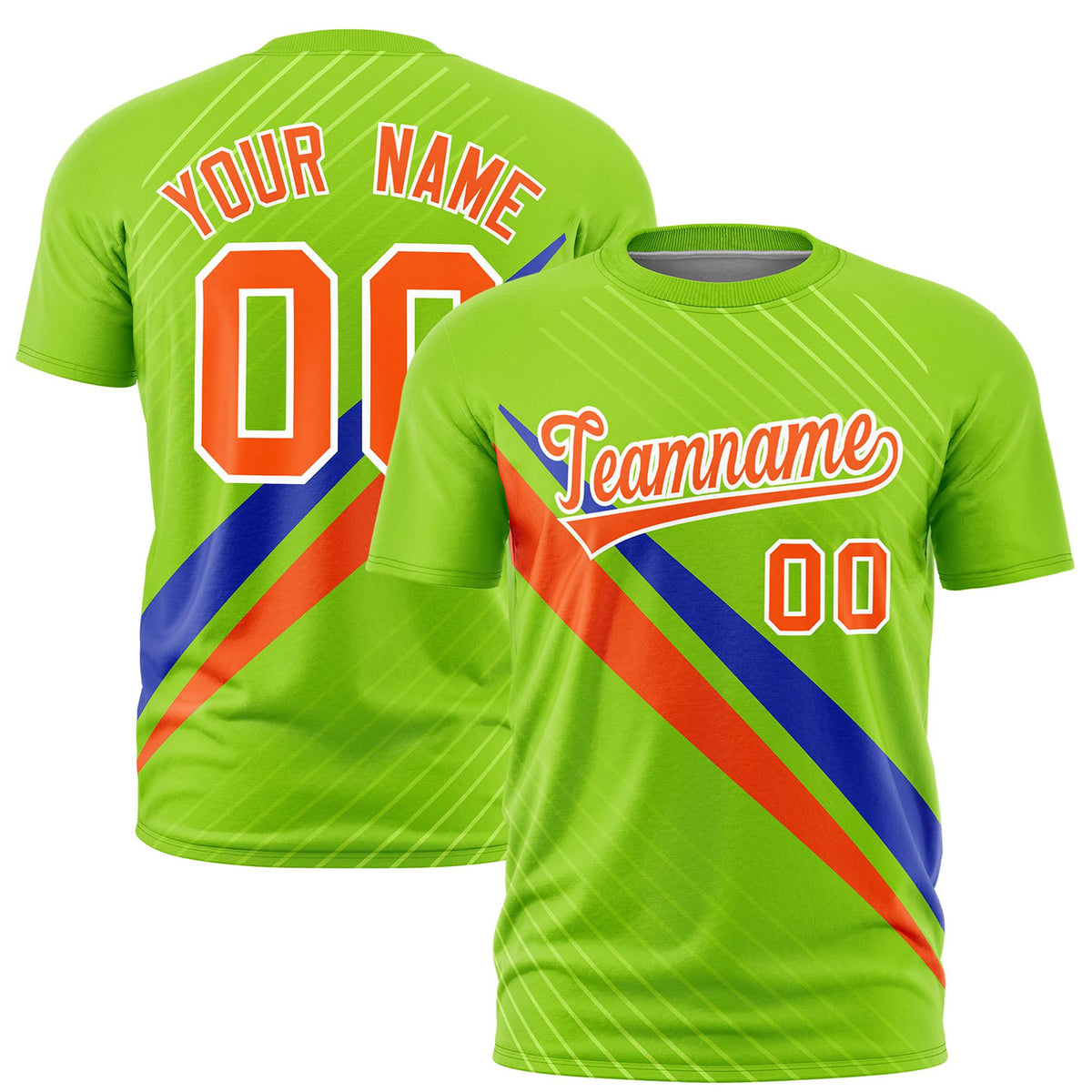 Custom Neon Green-Royal Blue Orange Personalized Slash Pattern Performance T-Shirt