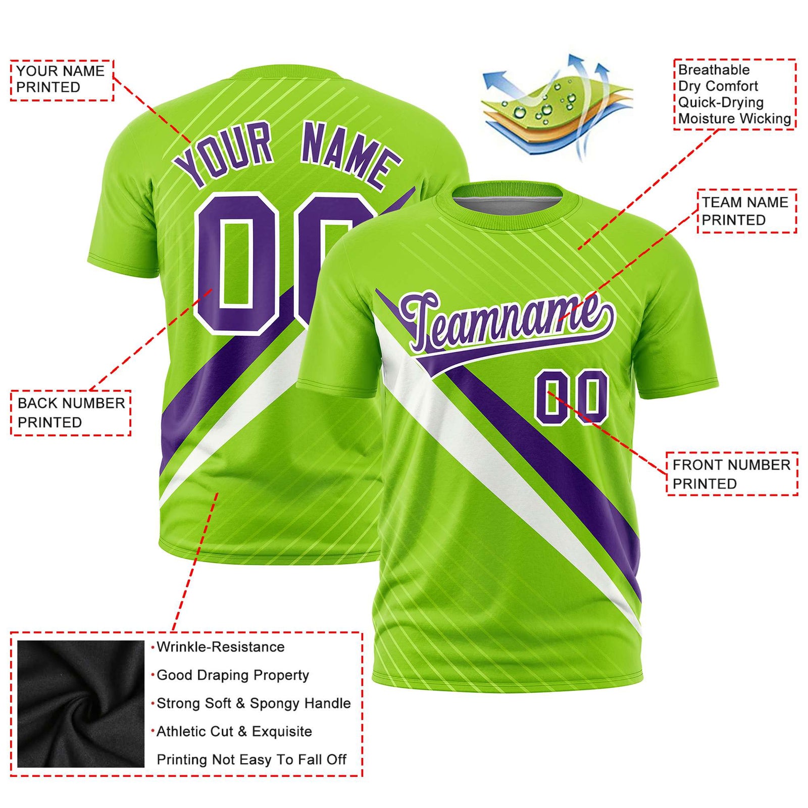 Custom Neon Green-Purple White Personalized Slash Pattern Performance T-Shirt