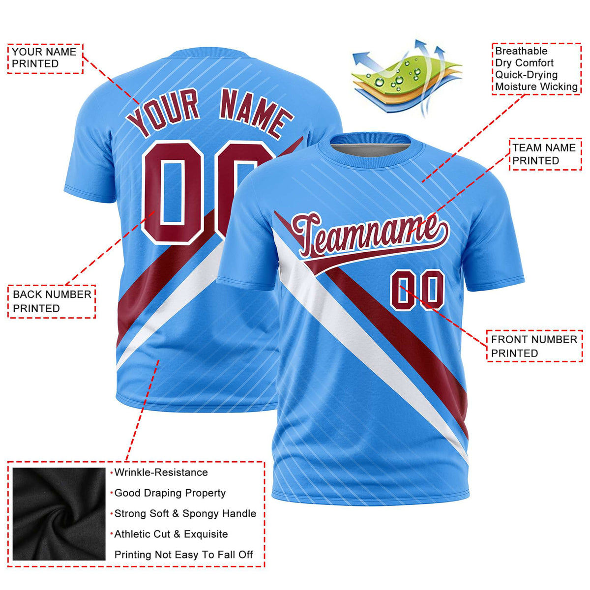 Custom Powder Blue-Crimson White Personalized Slash Pattern Performance T-Shirt