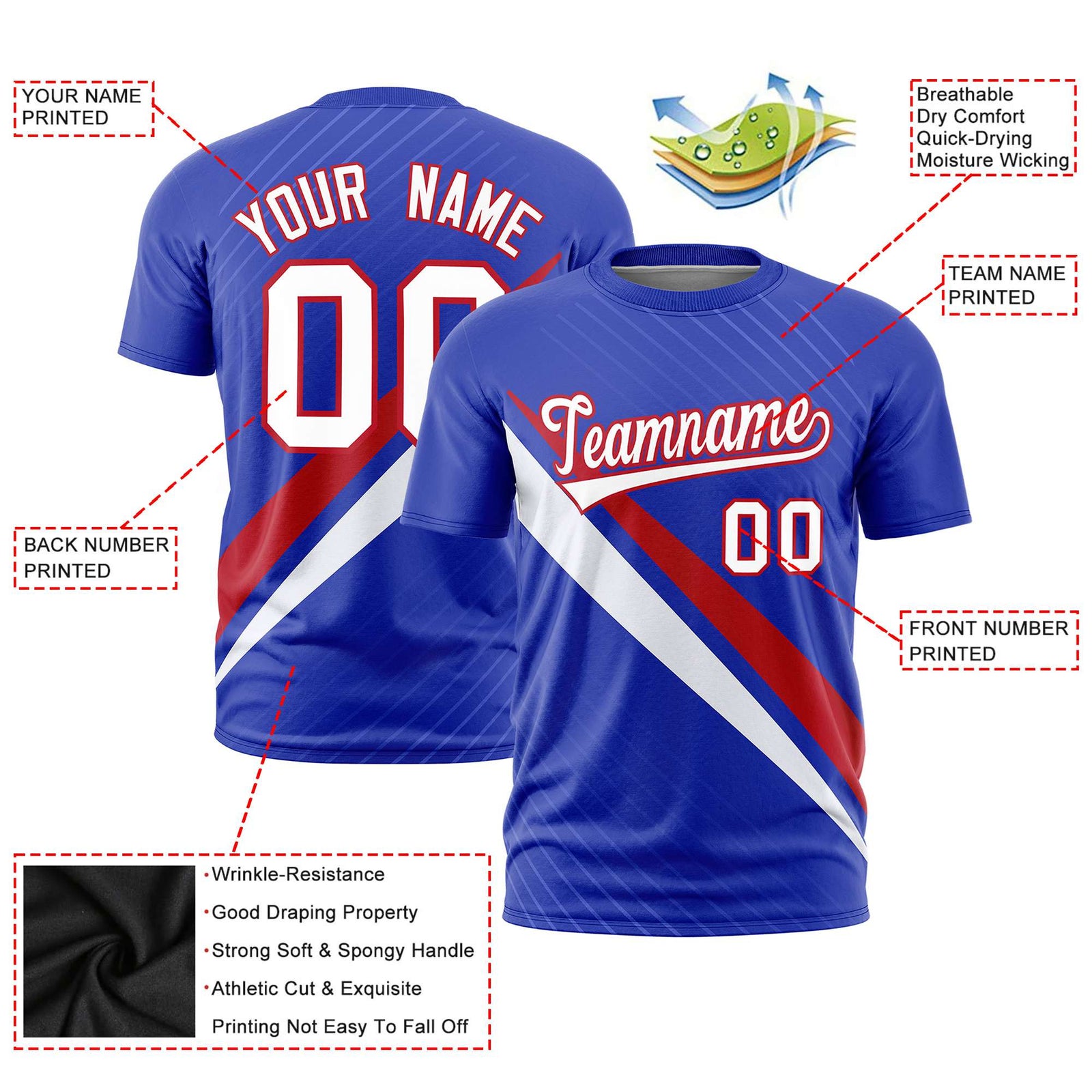 Custom Royal Blue-Red White Personalized Slash Pattern Performance T-Shirt
