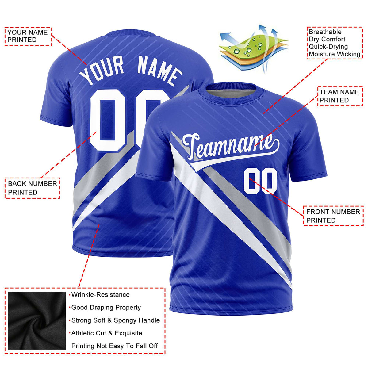 Custom Royal Blue-Gray White Personalized Slash Pattern Performance T-Shirt