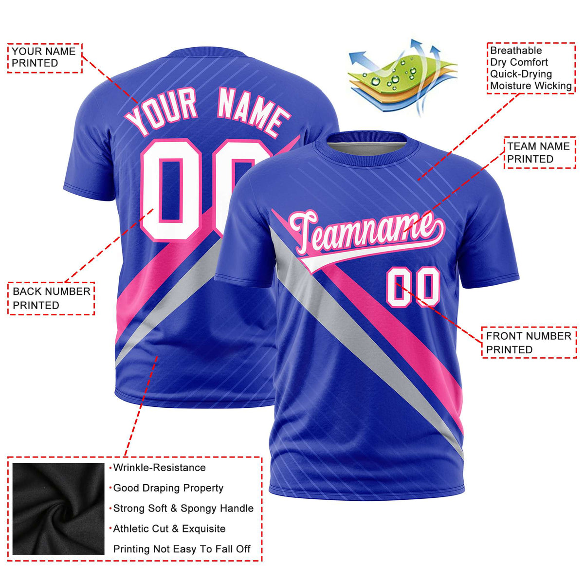 Custom Royal Blue-Pink Gray Personalized Slash Pattern Performance T-Shirt