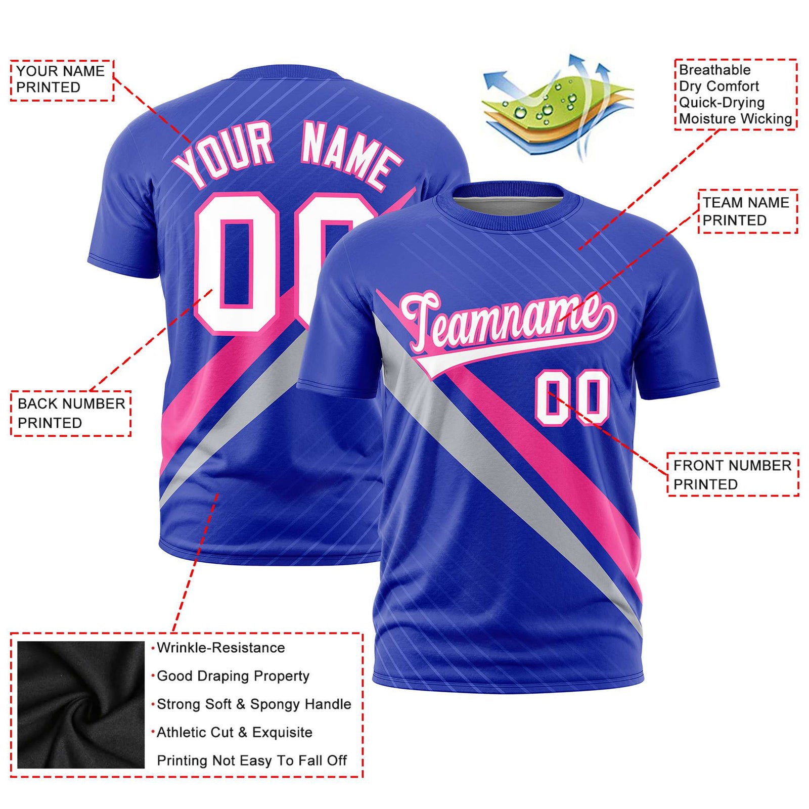 Custom Royal Blue-Pink Gray Personalized Slash Pattern Performance T-Shirt