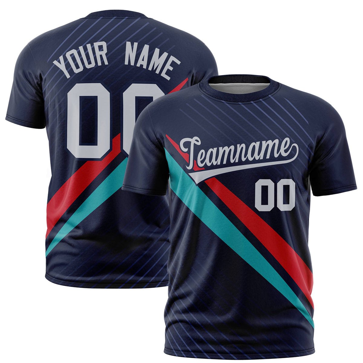Custom Navy Red-Aqua Personalized Slash Pattern Performance T-Shirt