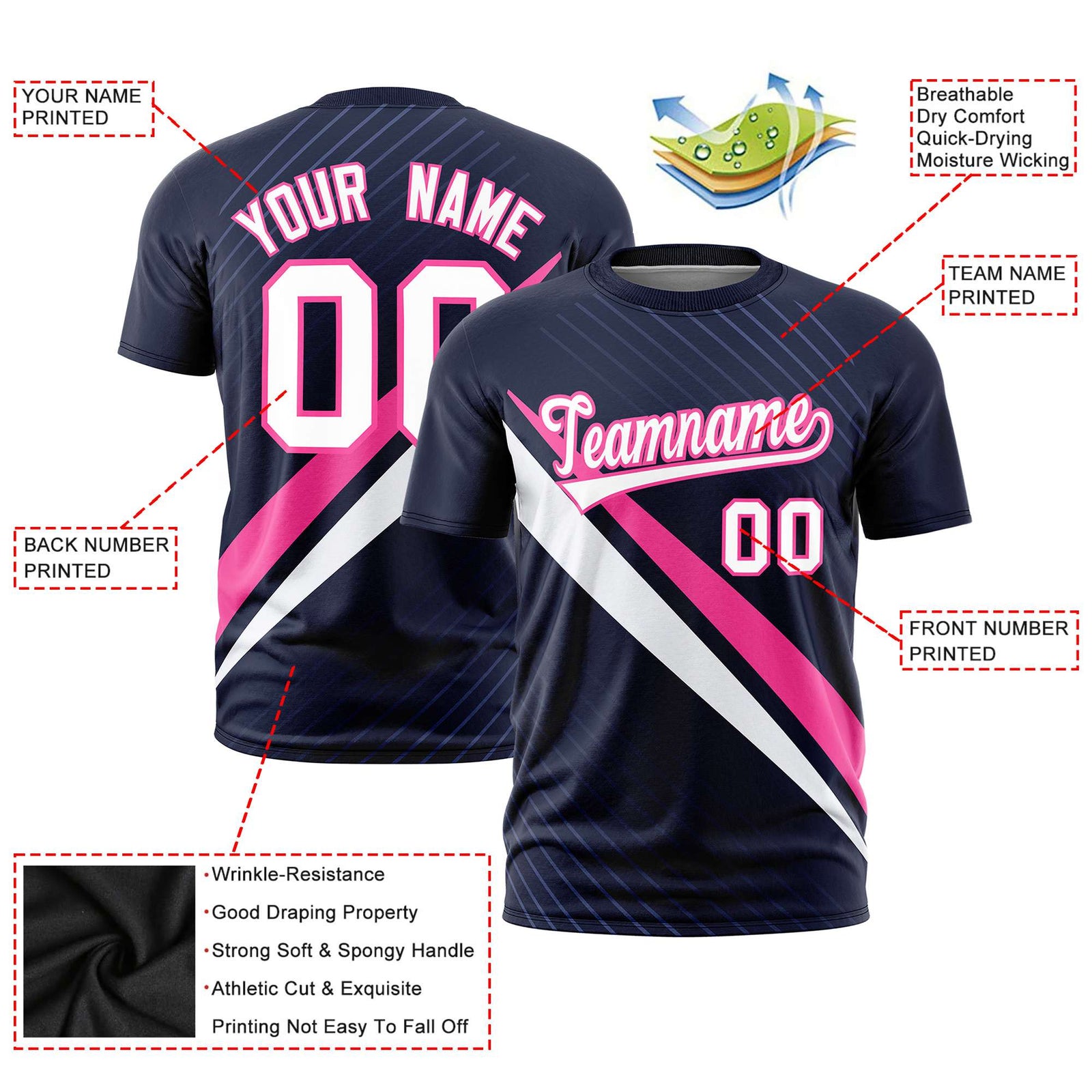 Custom Navy Pink-White Personalized Slash Pattern Performance T-Shirt