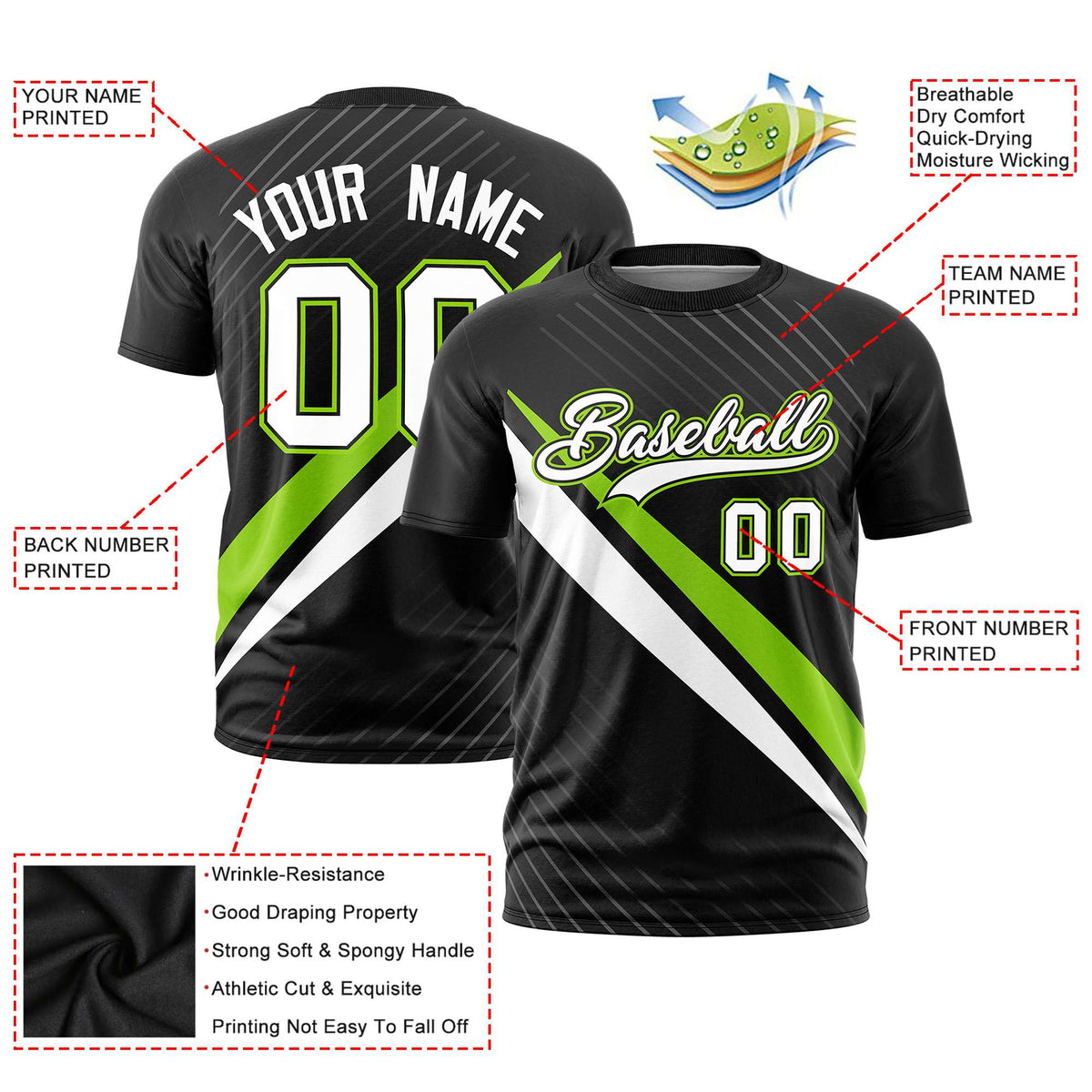 Custom Black Neon Green-White Personalized Slash Pattern Performance T-Shirt