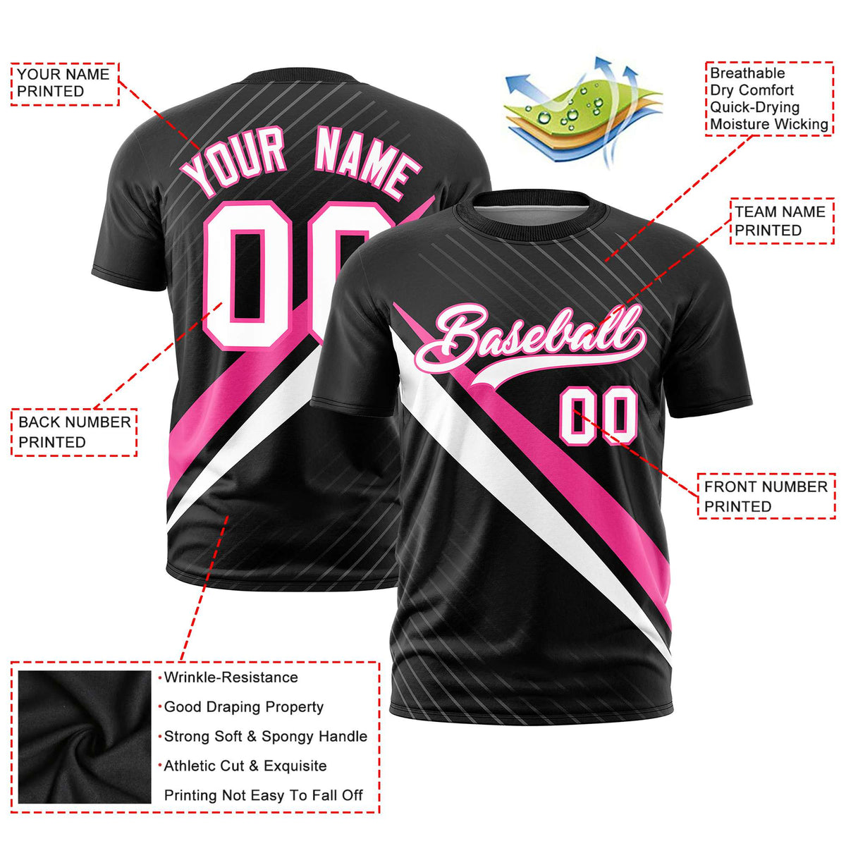Custom Black Pink-White Personalized Slash Pattern Performance T-Shirt