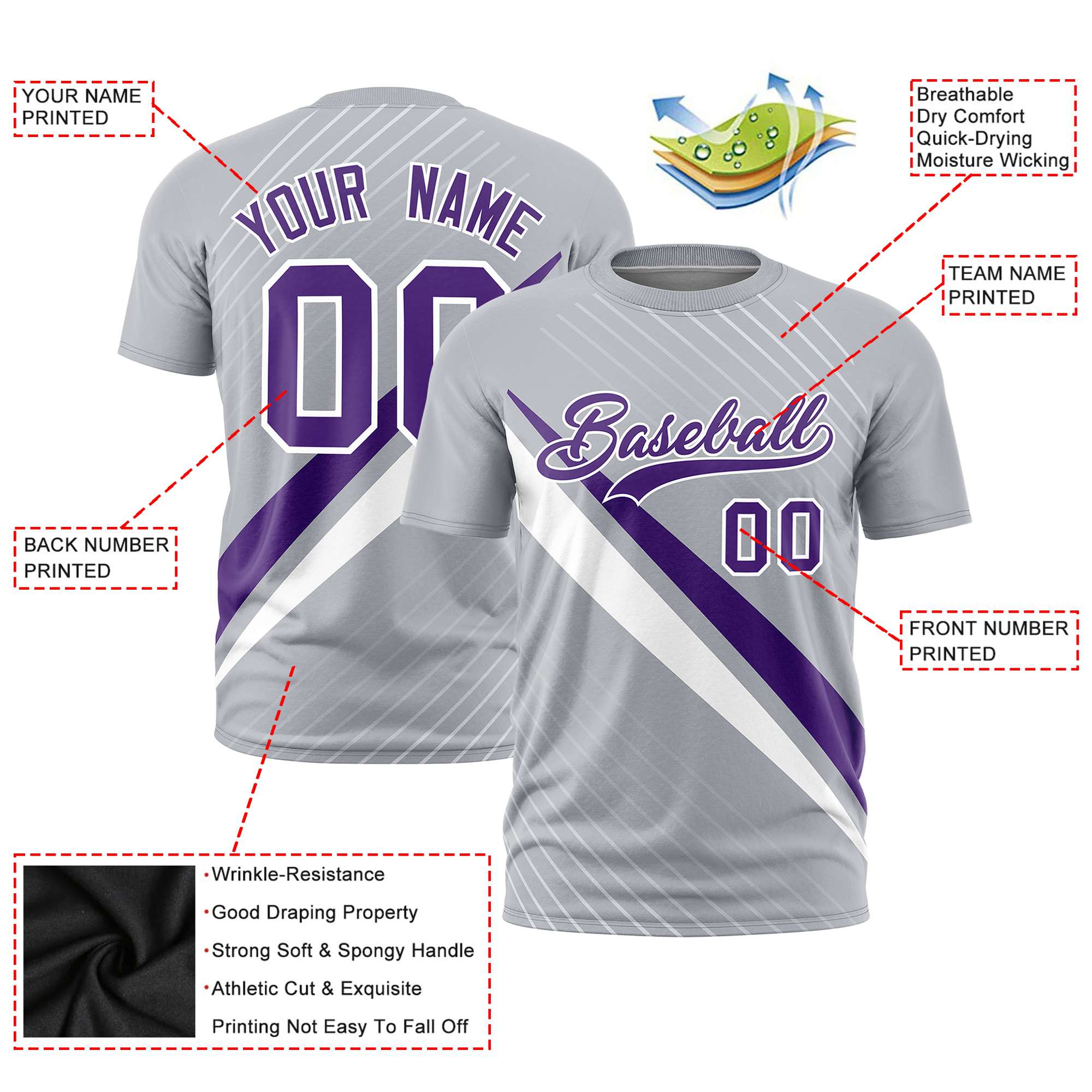 Custom Gray Purple-White Personalized Slash Pattern Performance T-Shirt