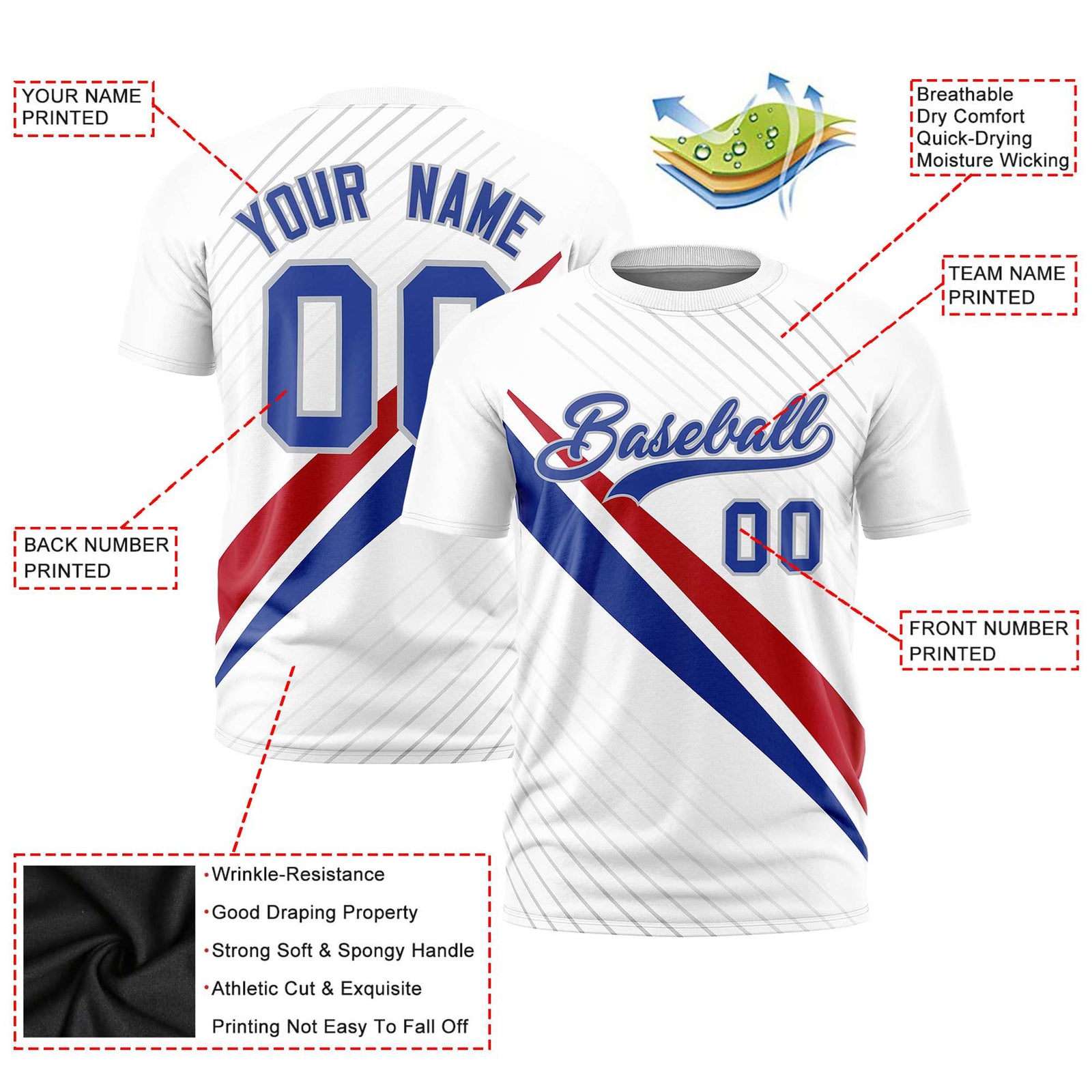 Custom White Red-Royal Blue Personalized Slash Pattern Performance T-Shirt