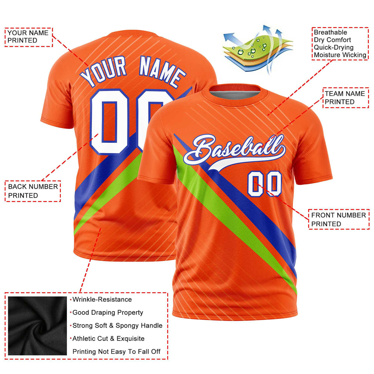 Custom Orange Royal Blue-Neon Green Personalized Slash Pattern Performance T-Shirt
