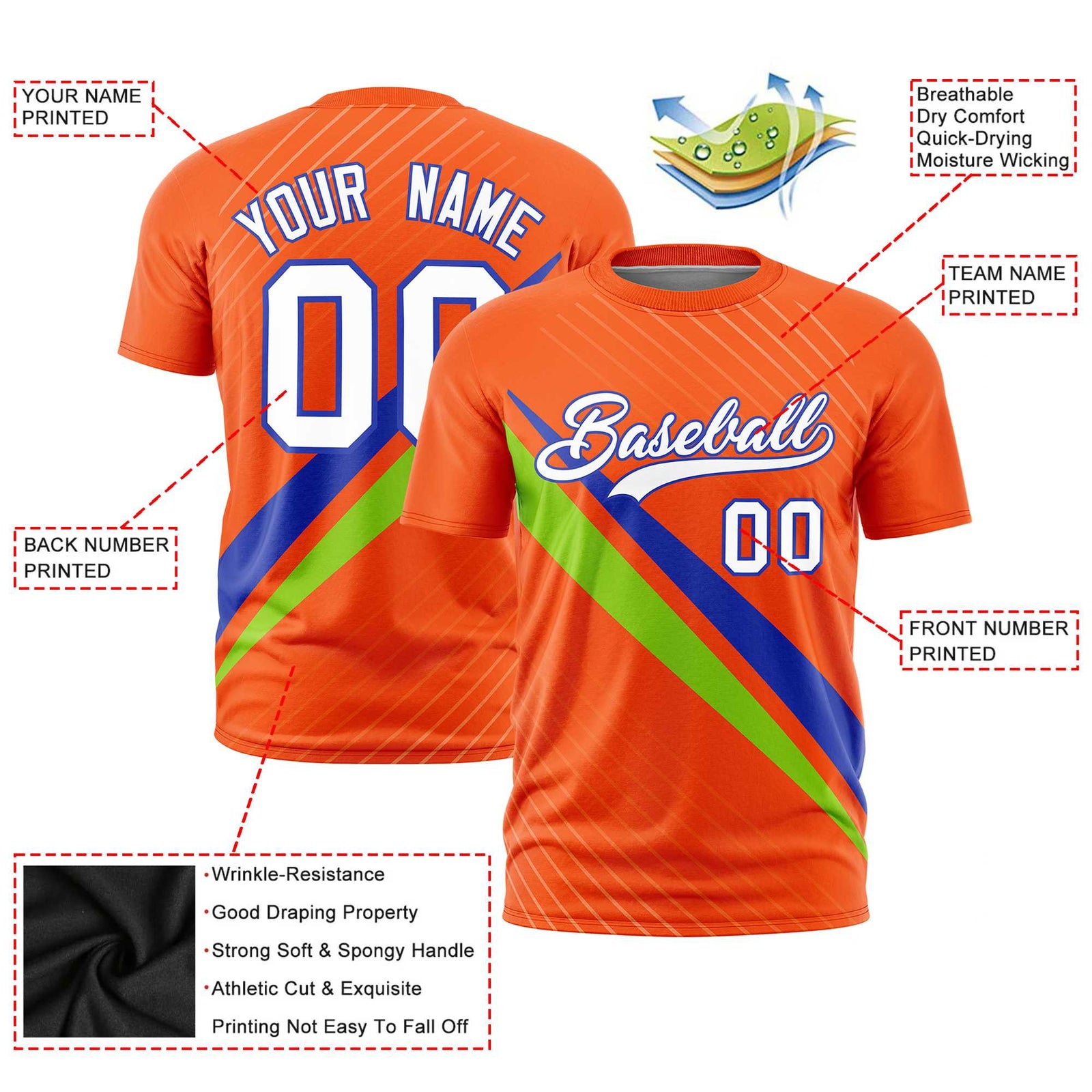 Custom Orange Royal Blue-Neon Green Personalized Slash Pattern Performance T-Shirt