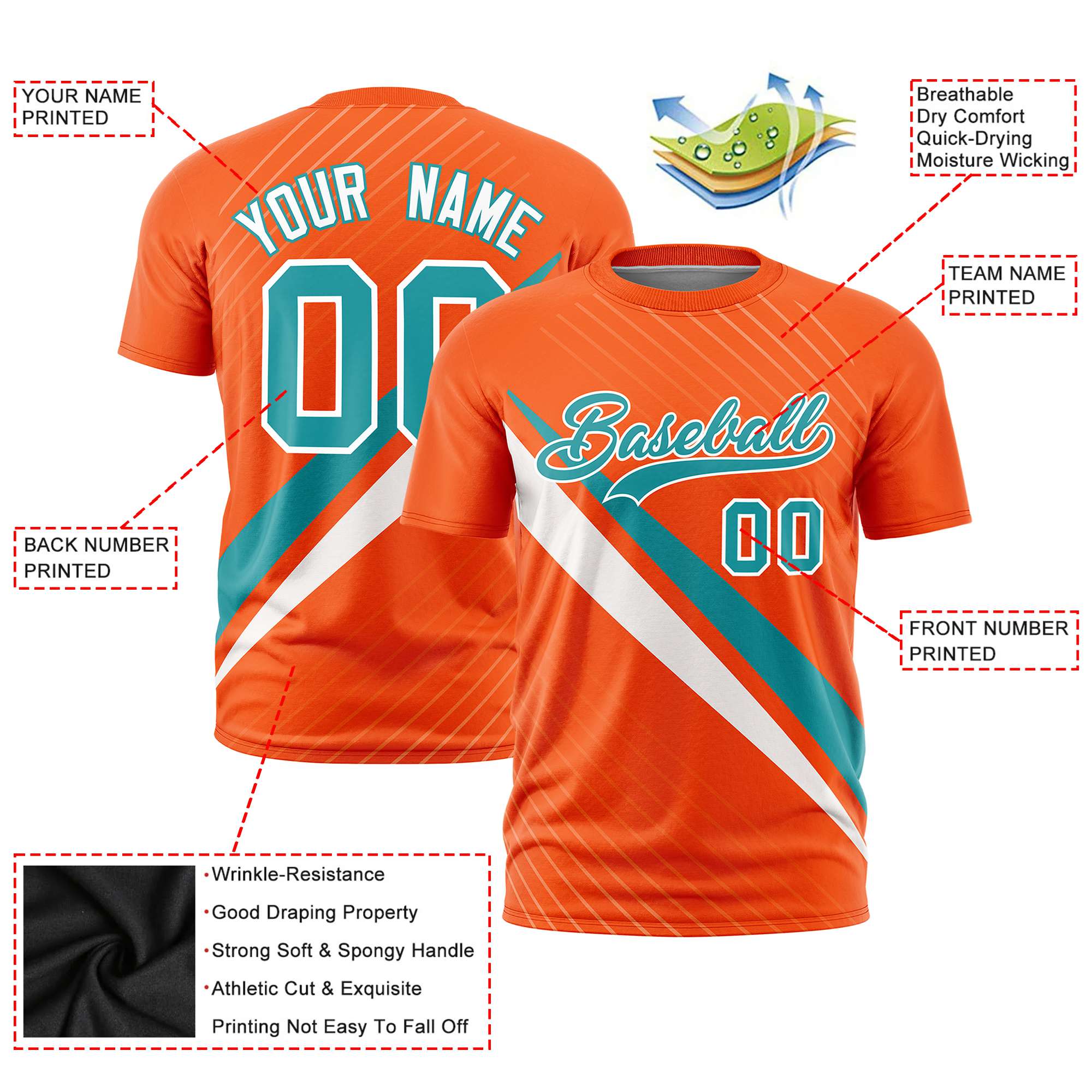 Custom Orange Aqua-White Personalized Slash Pattern Performance T-Shirt