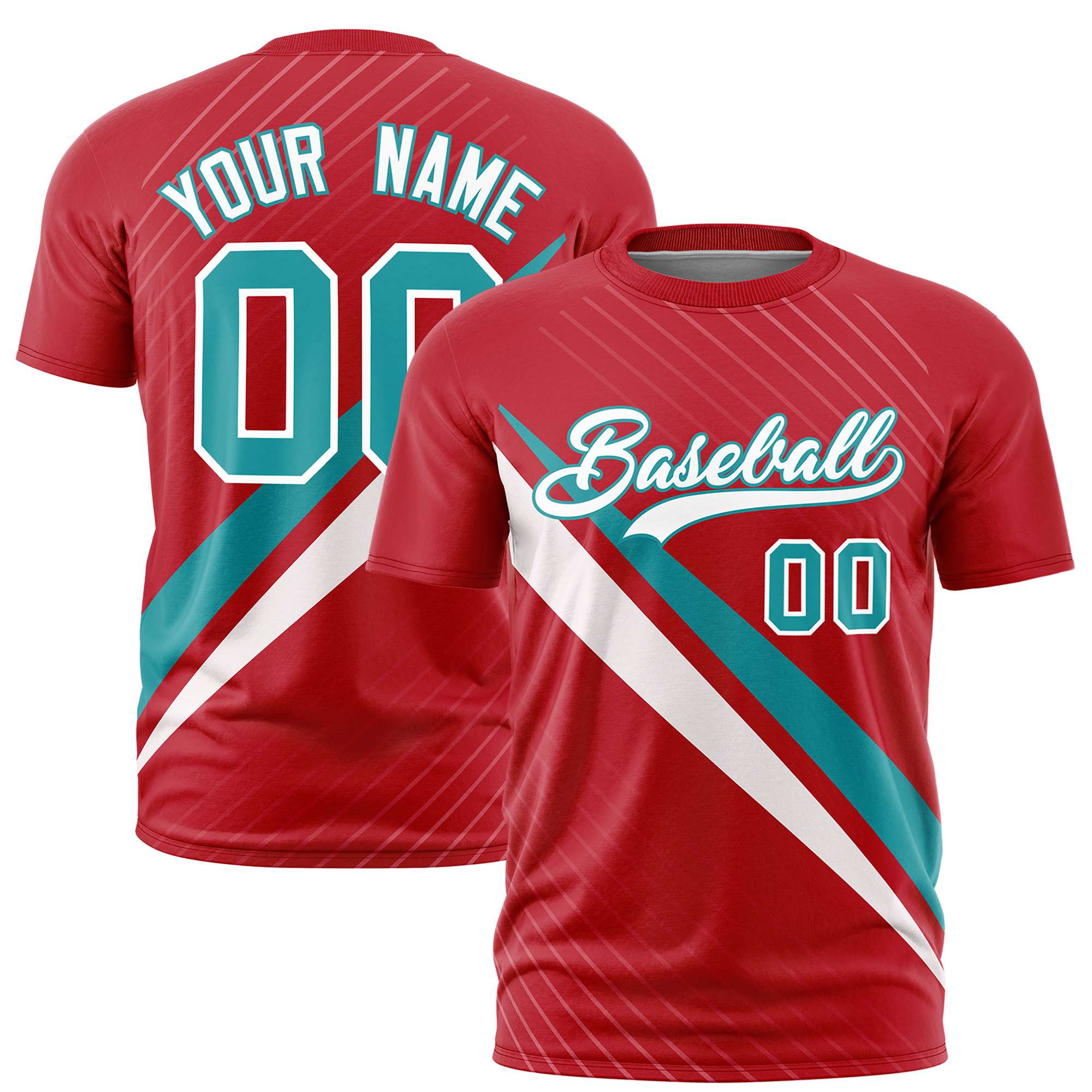 Custom Red Aqua-White Personalized Slash Pattern Performance T-Shirt