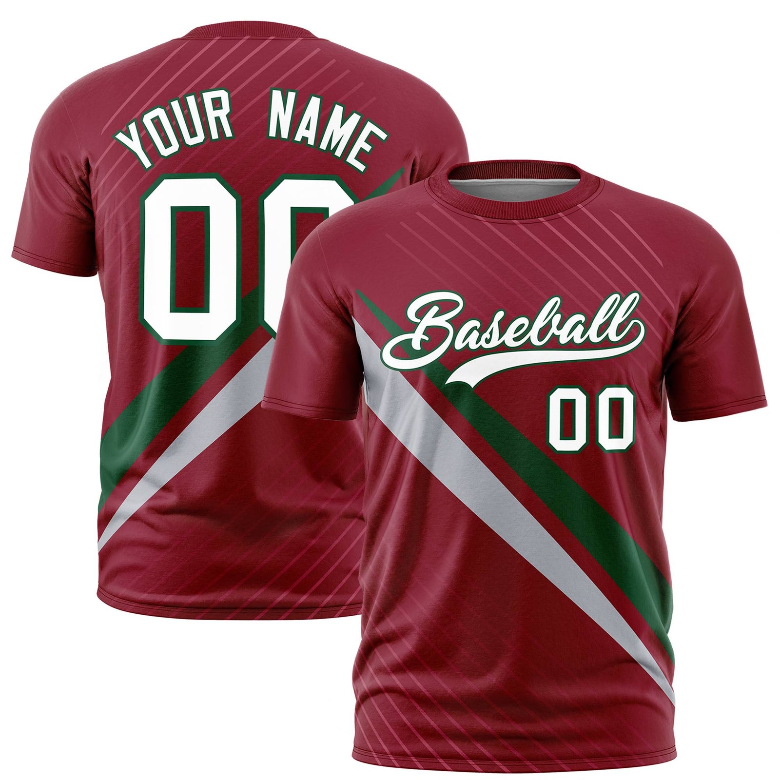 Custom Crimson Green-Gray Personalized Slash Pattern Performance T-Shirt