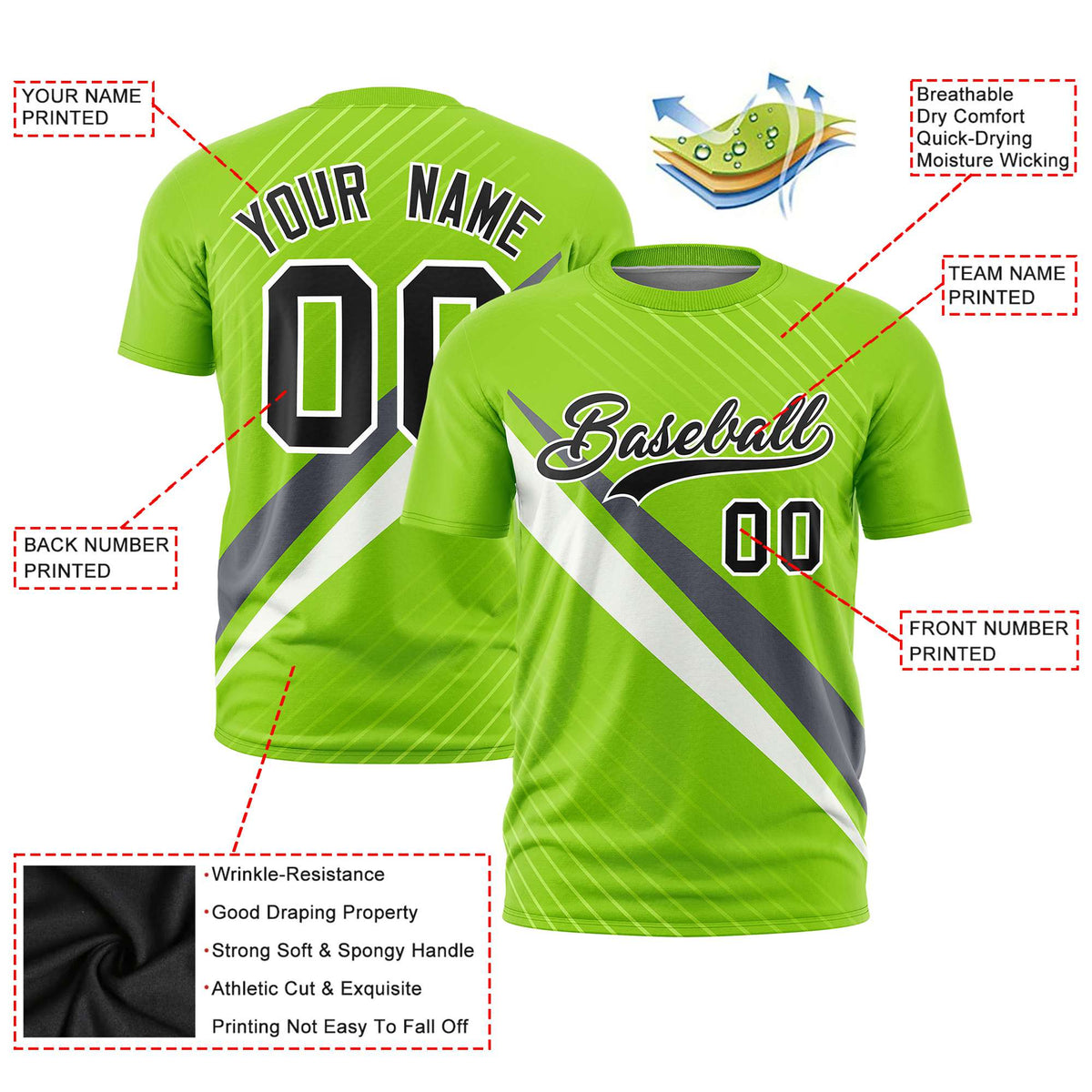 Custom Neon Green-Dark Gray White Personalized Slash Pattern Performance T-Shirt