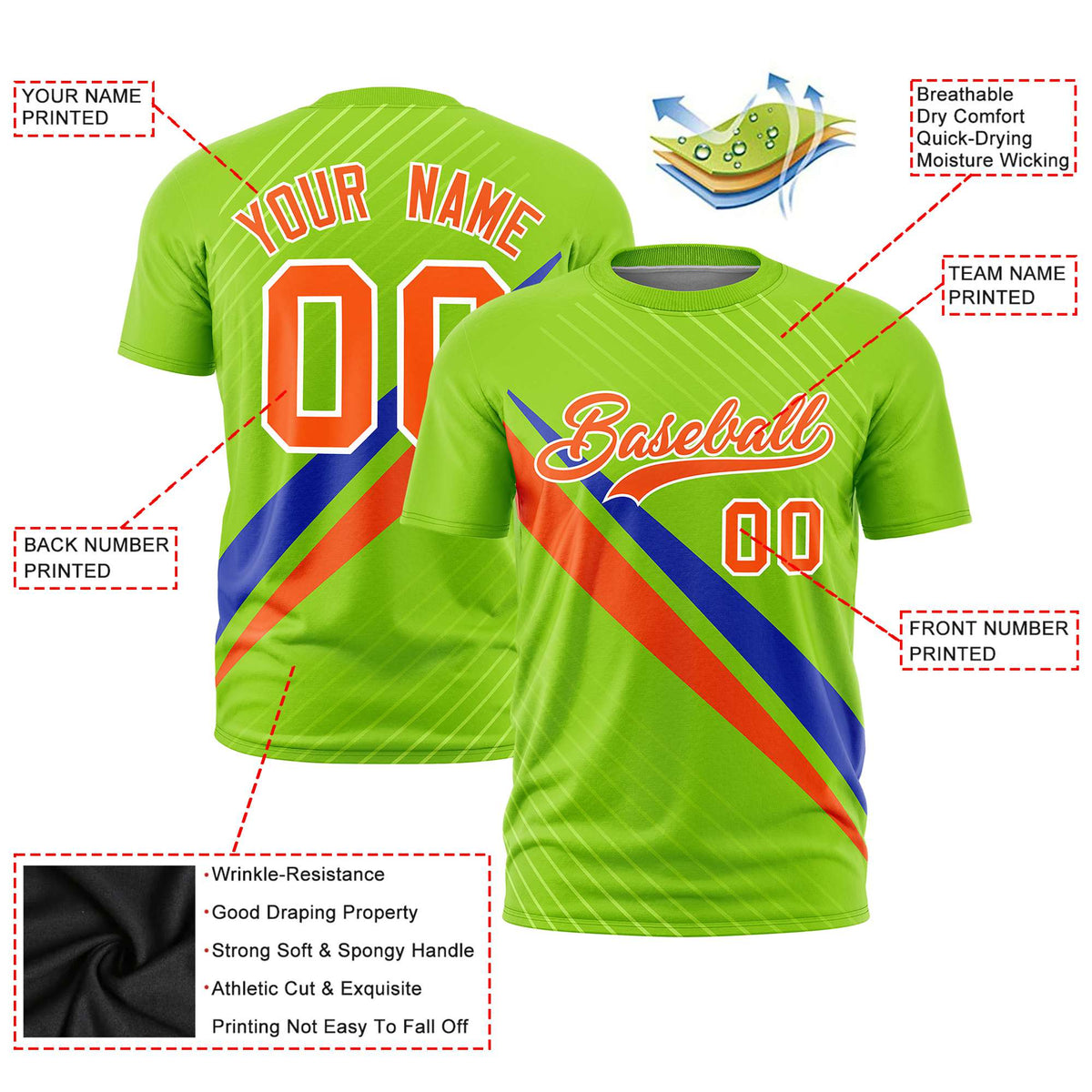Custom Neon Green-Royal Blue Orange Personalized Slash Pattern Performance T-Shirt