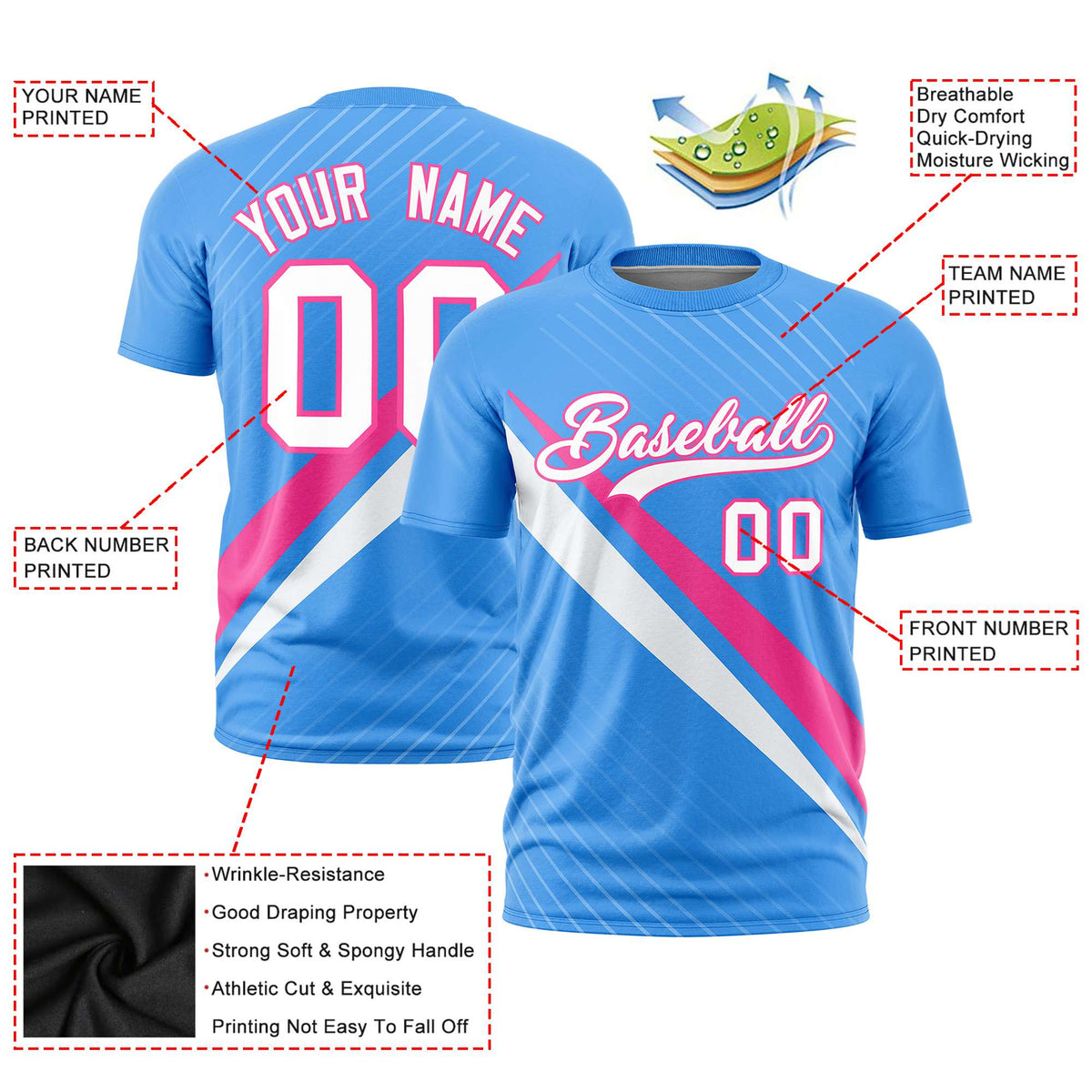 Custom Powder Blue-Pink White Personalized Slash Pattern Performance T-Shirt