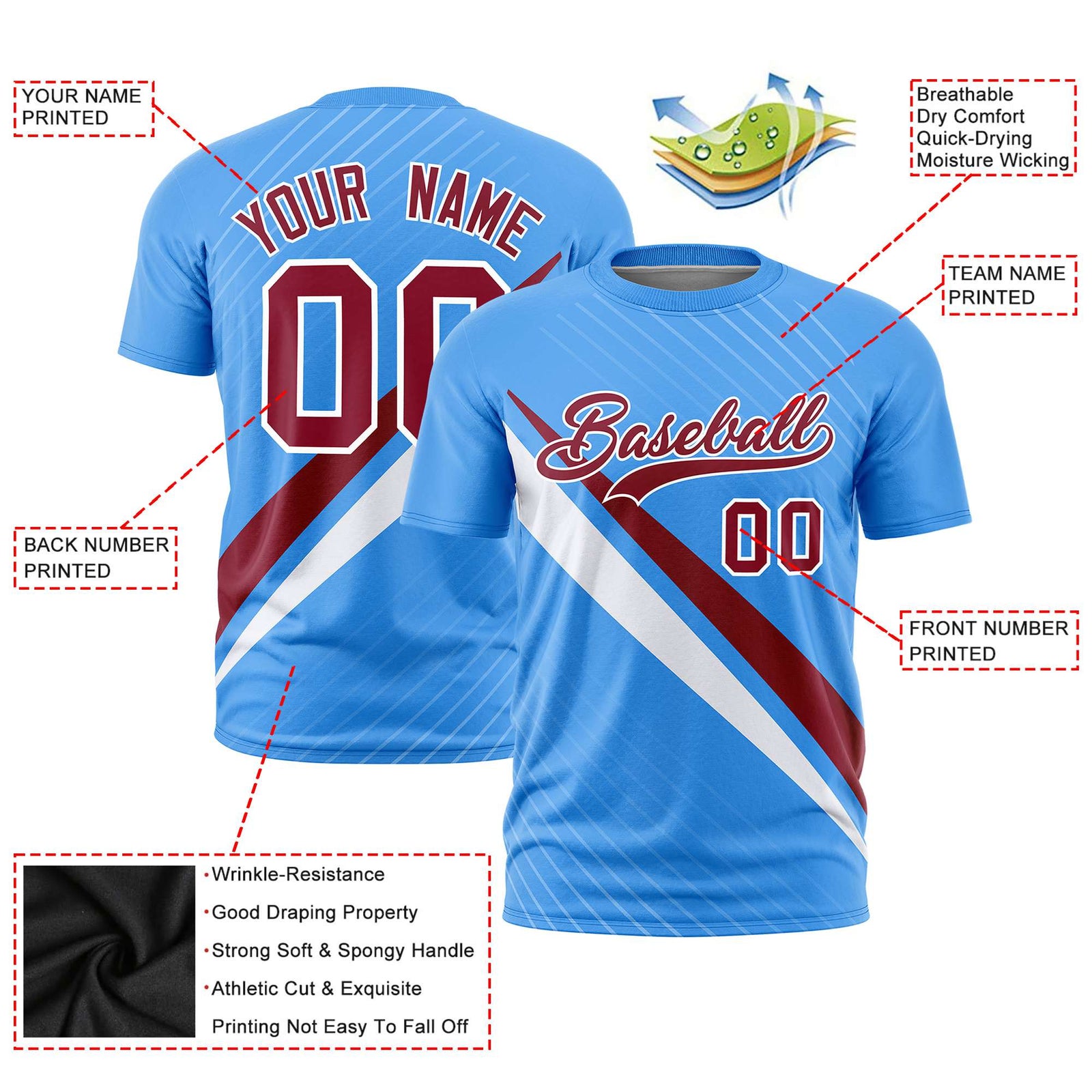 Custom Powder Blue-Crimson White Personalized Slash Pattern Performance T-Shirt